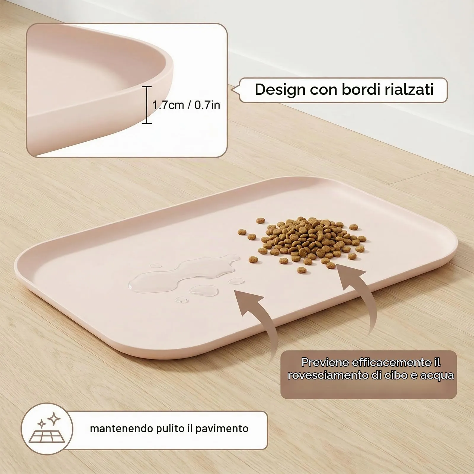 BLESWIN Tappetino impermeabile in silicone per alimentazione animali domestici con bordi rialzati, tappetino per ciotola gatto facile da pulire (Beige, 60×40 cm) - immagine 3
