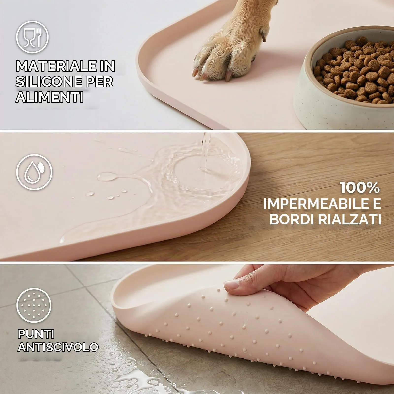 BLESWIN Tappetino impermeabile in silicone per alimentazione animali domestici con bordi rialzati, tappetino per ciotola gatto facile da pulire (Beige, 60×40 cm) - immagine 4