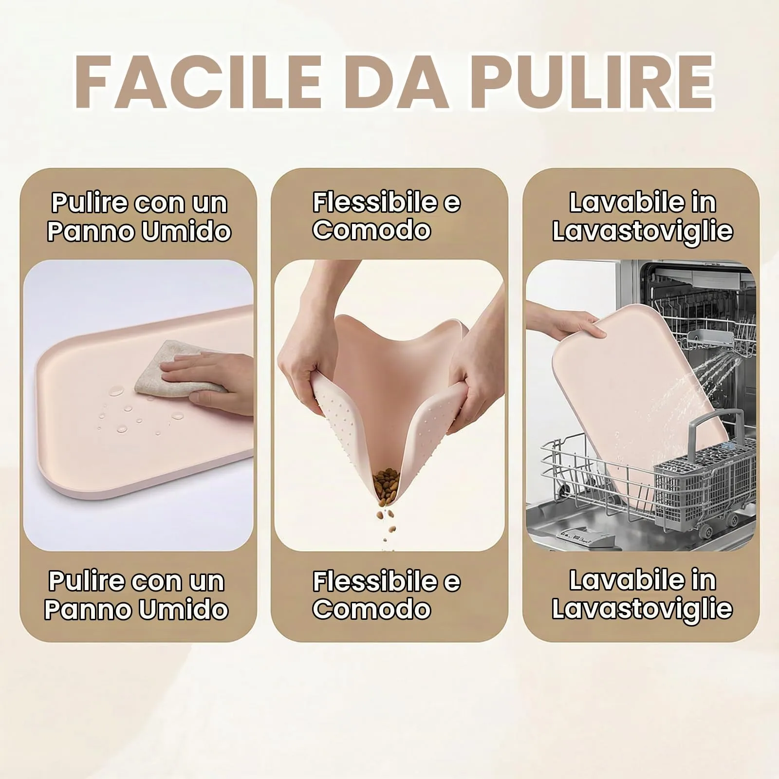 BLESWIN Tappetino impermeabile in silicone per alimentazione animali domestici con bordi rialzati, tappetino per ciotola gatto facile da pulire (Beige, 60×40 cm) - immagine 5
