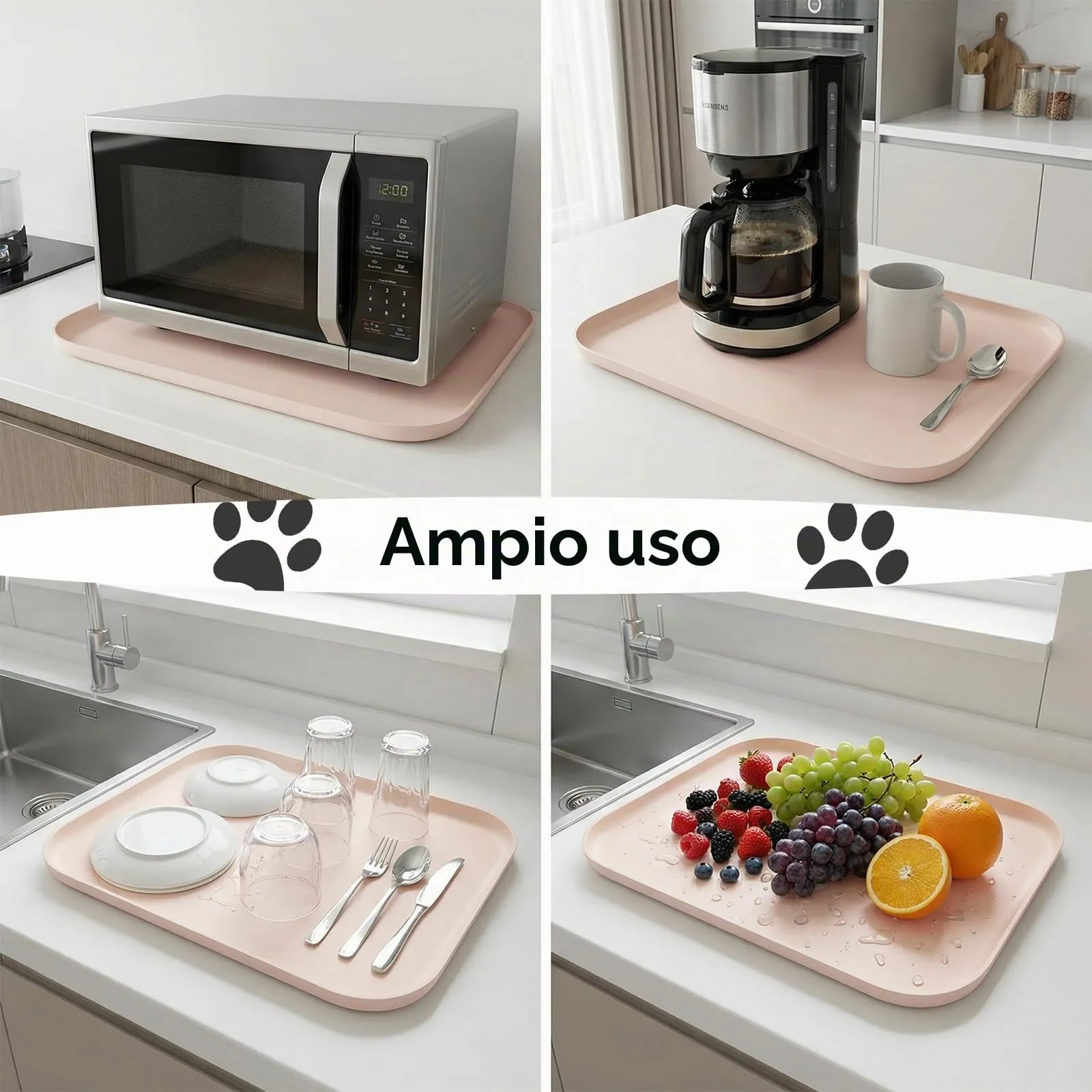 BLESWIN Tappetino impermeabile in silicone per alimentazione animali domestici con bordi rialzati, tappetino per ciotola gatto facile da pulire (Beige, 60×40 cm) - immagine 8