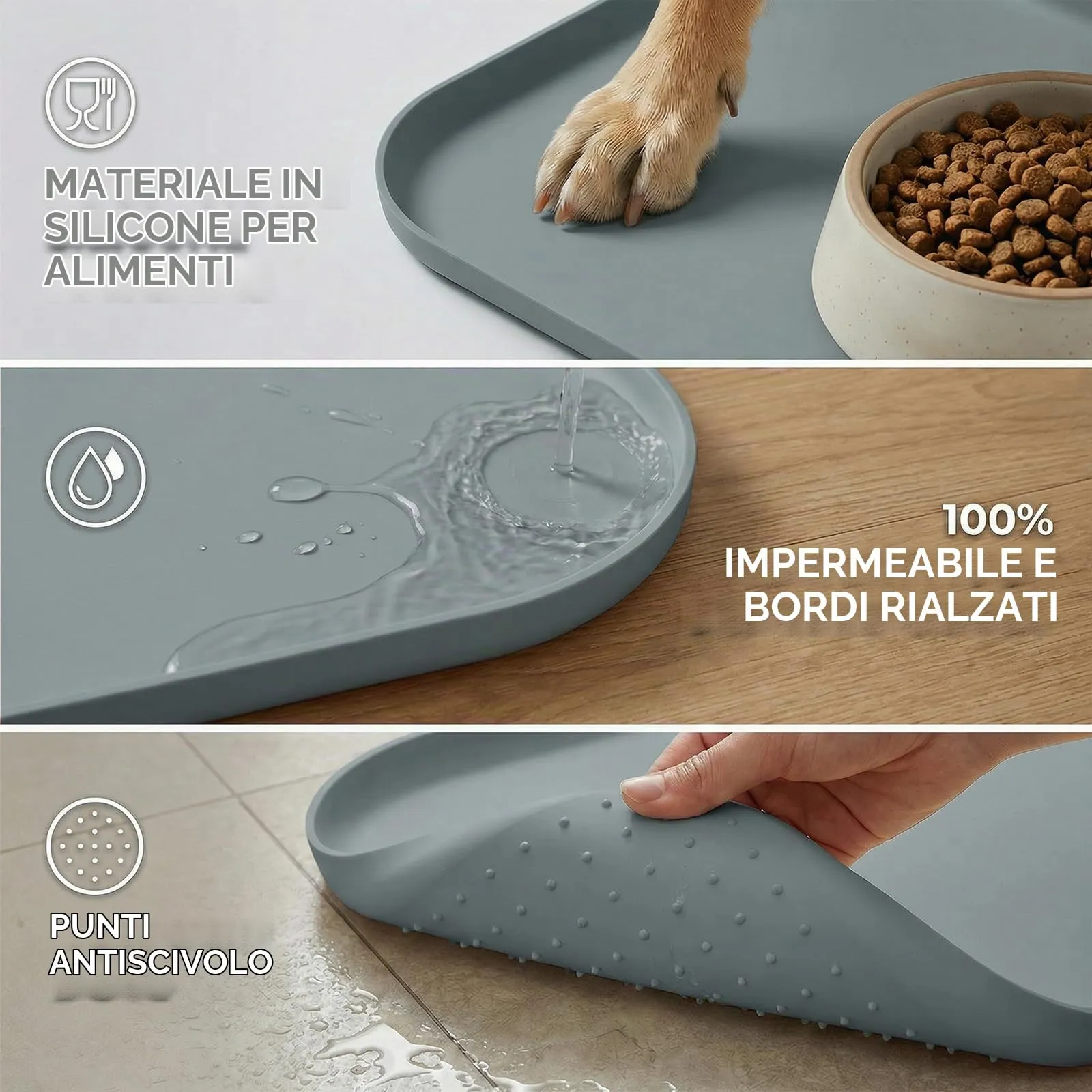 BLESWIN Tappetino antiscivolo in silicone per alimenti per animali domestici/tappetino per alimentazione animali domestici – Tappetino per ciotola gatto con bordi rialzati (Grigio, 45×30 cm) - immagine 4
