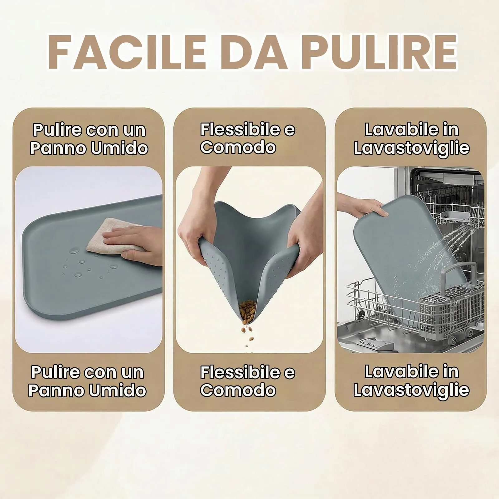BLESWIN Tappetino antiscivolo in silicone per alimenti per animali domestici/tappetino per alimentazione animali domestici – Tappetino per ciotola gatto con bordi rialzati (Grigio, 45×30 cm) - immagine 5