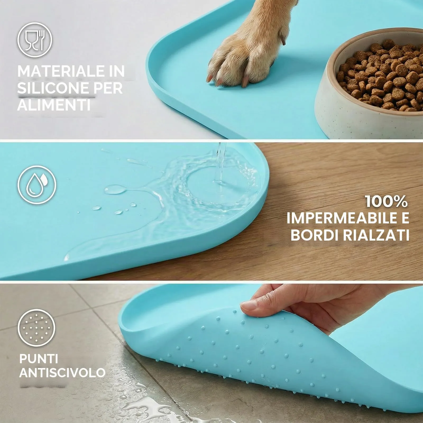 BLESWIN Tappetino impermeabile in silicone per alimentazione animali domestici con bordi rialzati, tappetino per ciotola gatto facile da pulire (Blu, 60×40 cm) - immagine 4