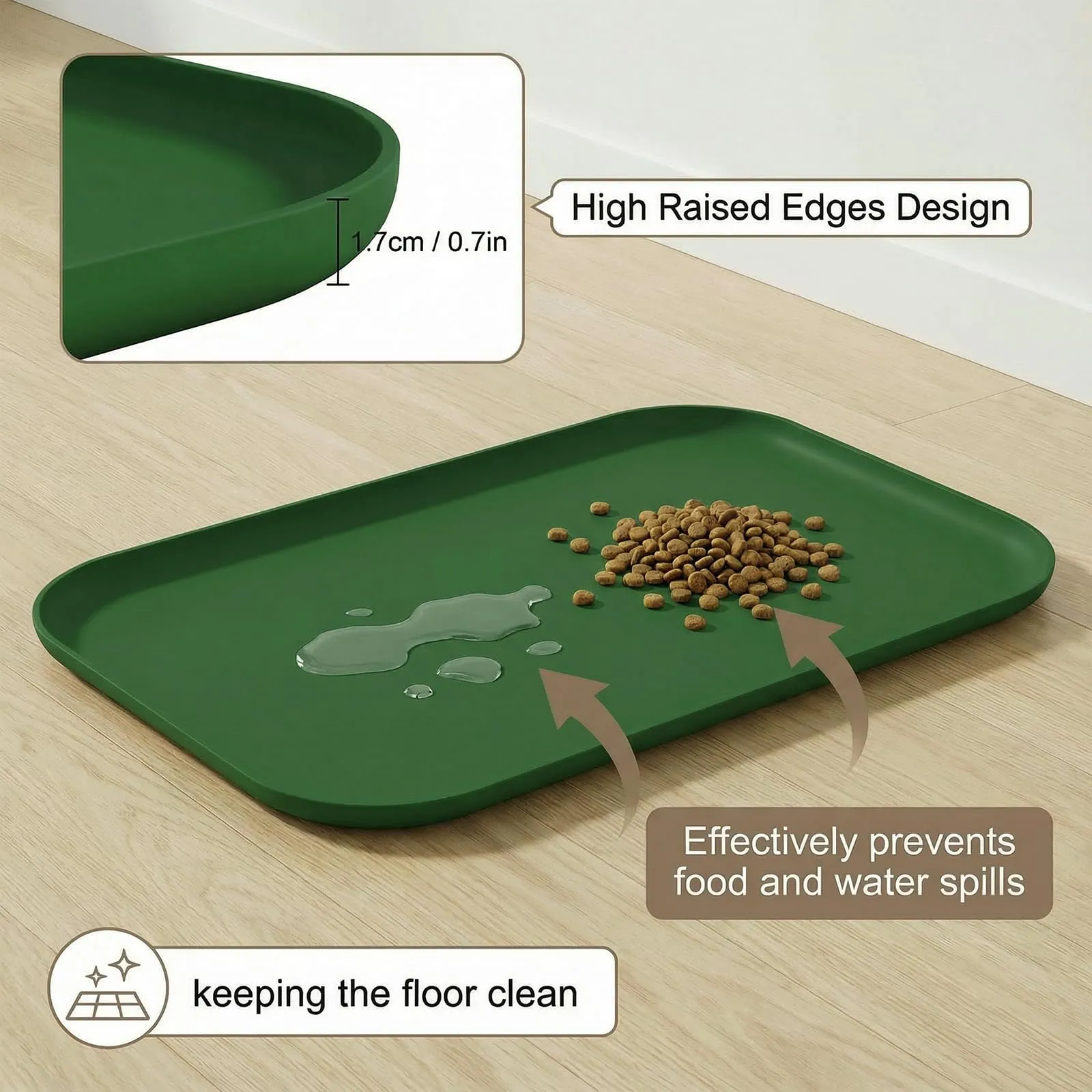 BLESWIN Tappetino impermeabile in silicone per alimentazione animali domestici con bordi rialzati, tappetino per ciotola gatto facile da pulire (Verde scuro, 60×40 cm) - immagine 3