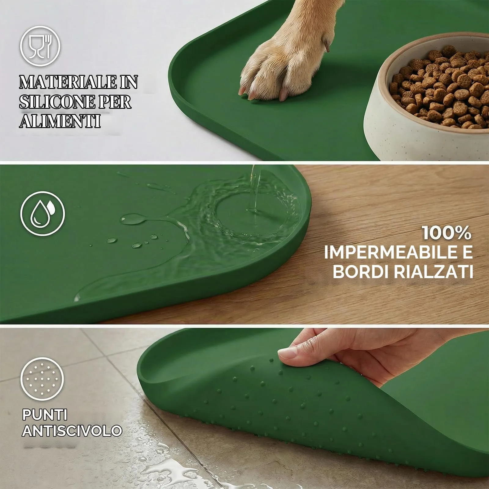 BLESWIN Tappetino impermeabile in silicone per alimentazione animali domestici con bordi rialzati, tappetino per ciotola gatto facile da pulire (Verde scuro, 60×40 cm) - immagine 4