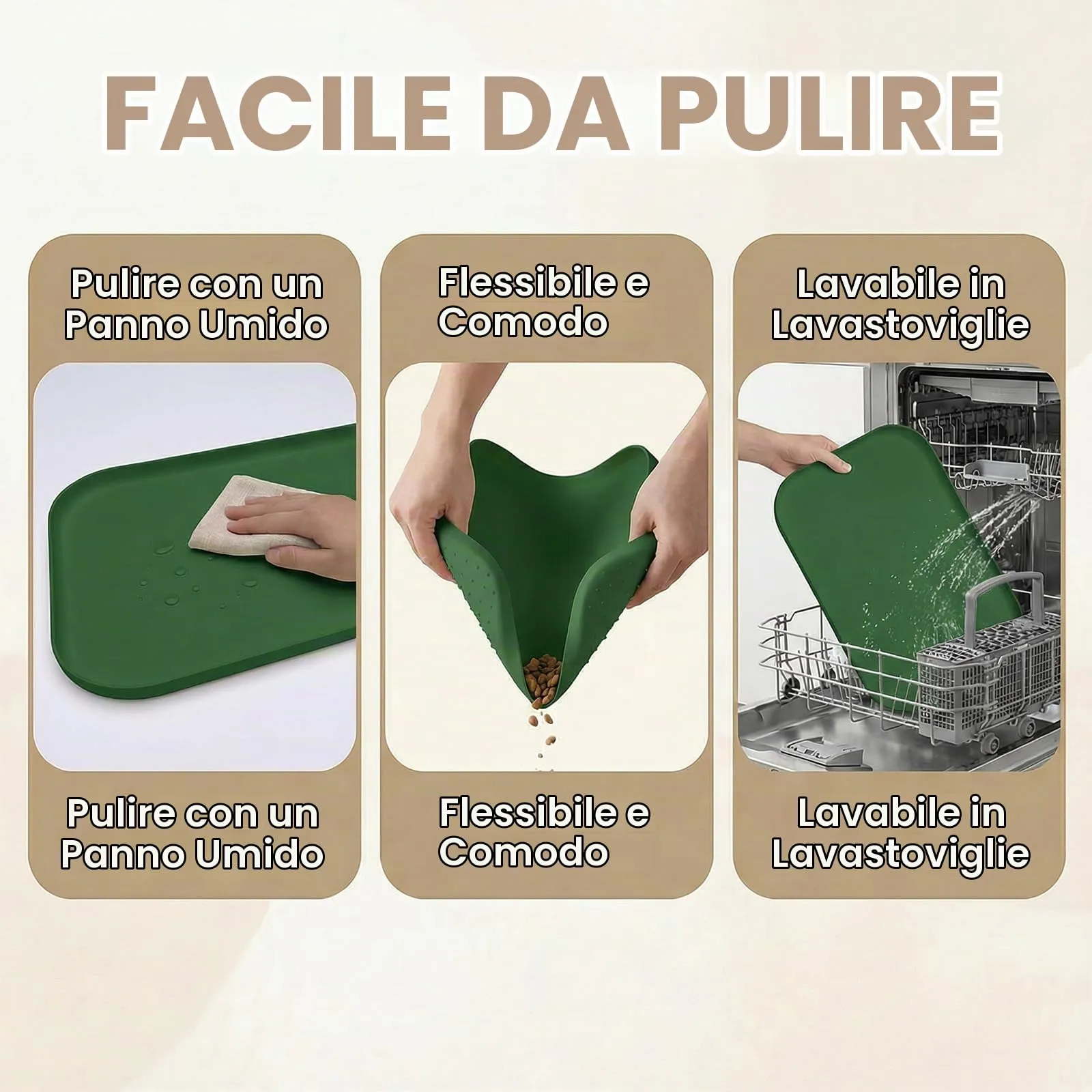 BLESWIN Tappetino impermeabile in silicone per alimentazione animali domestici con bordi rialzati, tappetino per ciotola gatto facile da pulire (Verde scuro, 60×40 cm) - immagine 5