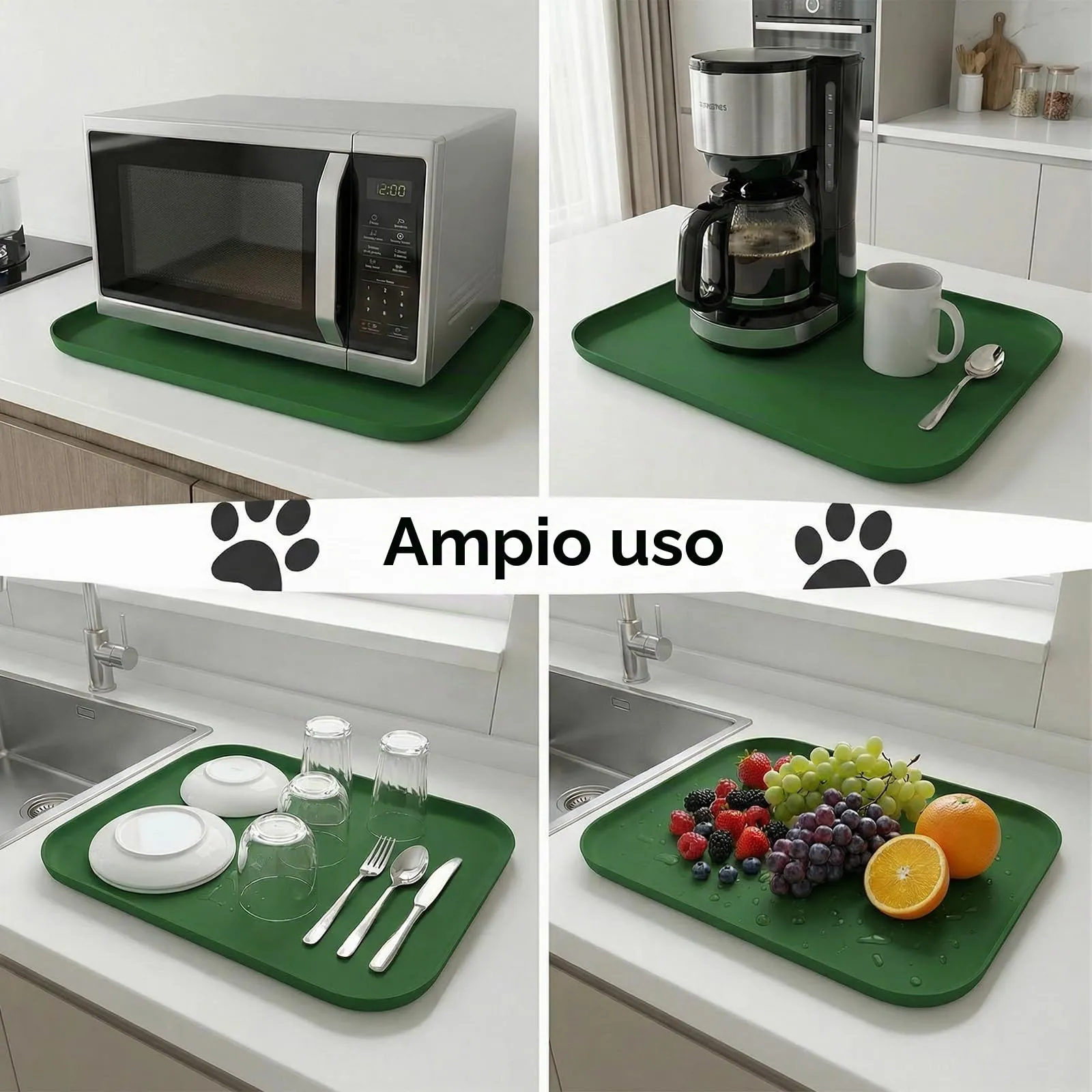 BLESWIN Tappetino impermeabile in silicone per alimentazione animali domestici con bordi rialzati, tappetino per ciotola gatto facile da pulire (Verde scuro, 60×40 cm) - immagine 8