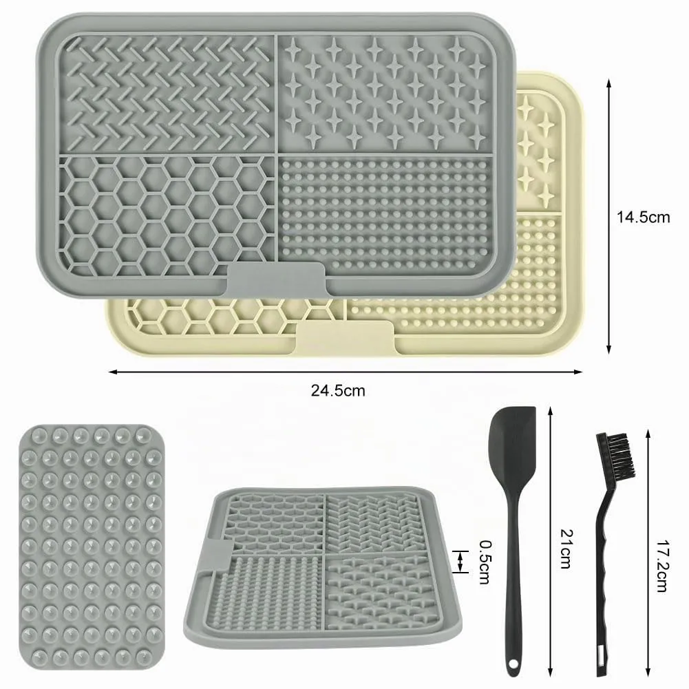 Adiwo 2 Pezzi Tappetino Leccare Cani con Ventosa, Tappetino in Silicone con Spatola e Spazzola, Lick Mat per Bagno, Toelettatura e Addestramento, Adatto per Cani e Gatti (Beige e Grigio) - immagine 2
