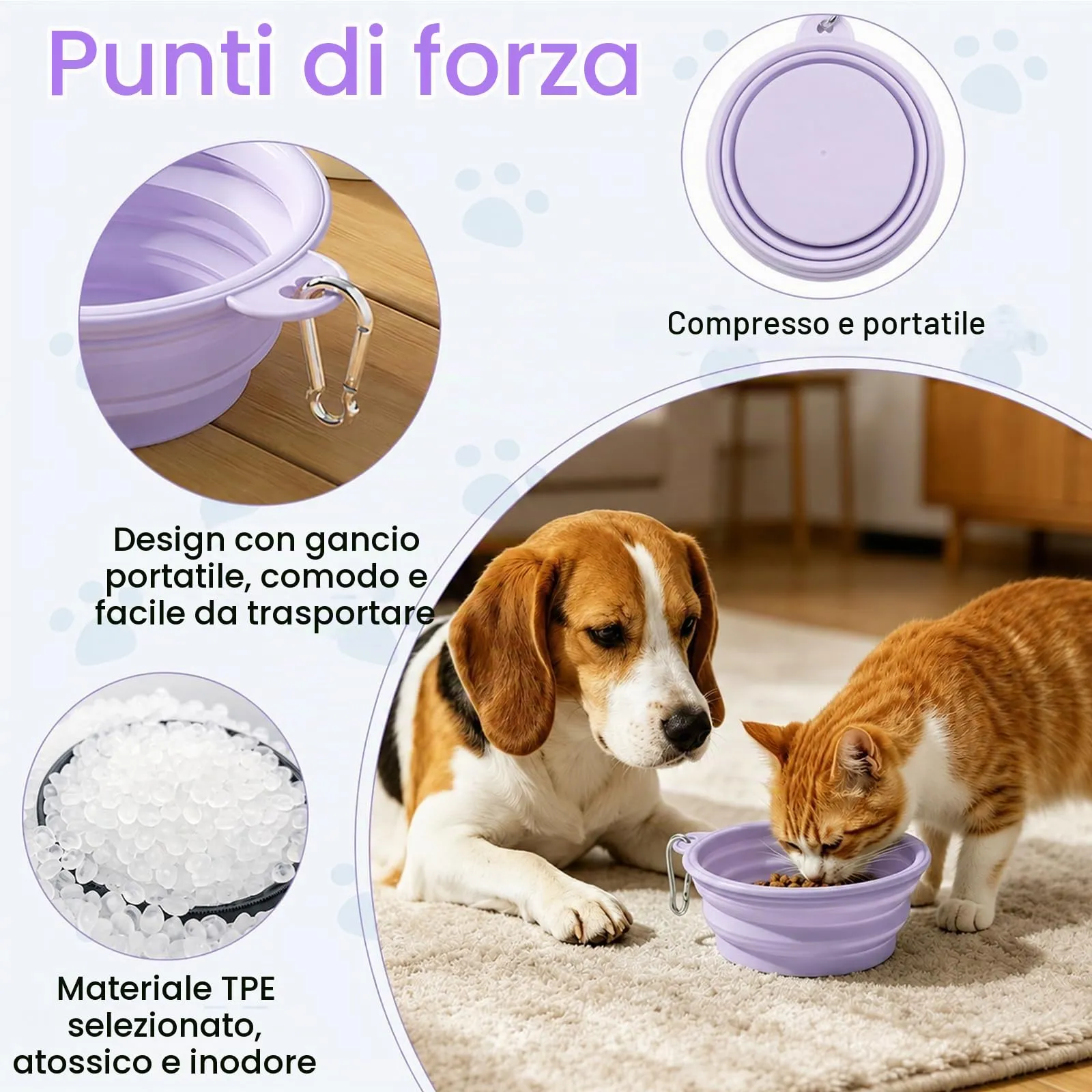 Fancysky Ciotola Cane Pieghevole, 2 Pezzi in Silicone con Moschettone - immagine 4