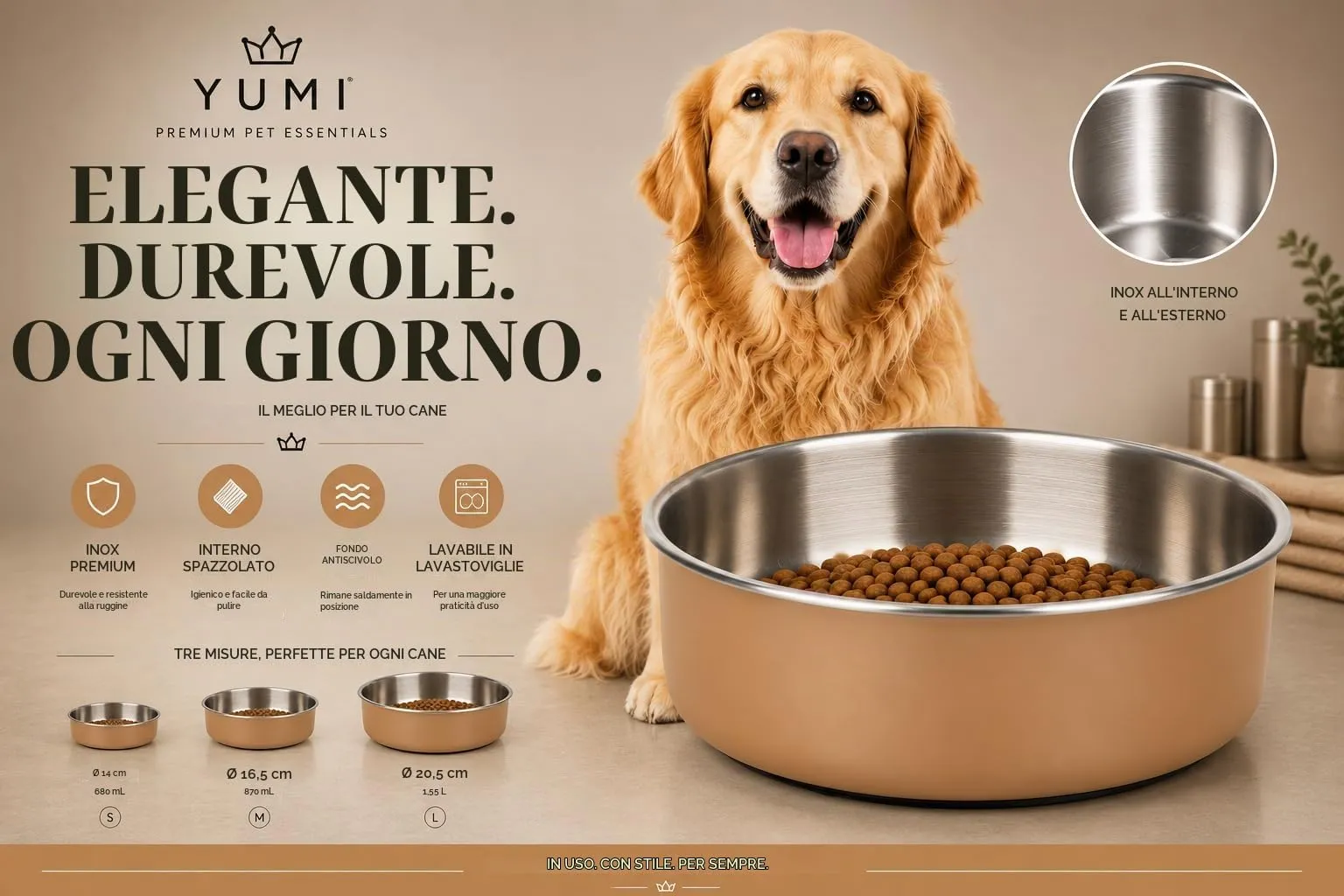 ciotola per cani - grande ciotola Yumi beige in inox - interno spazzolato premium - 1,55L - immagine 2