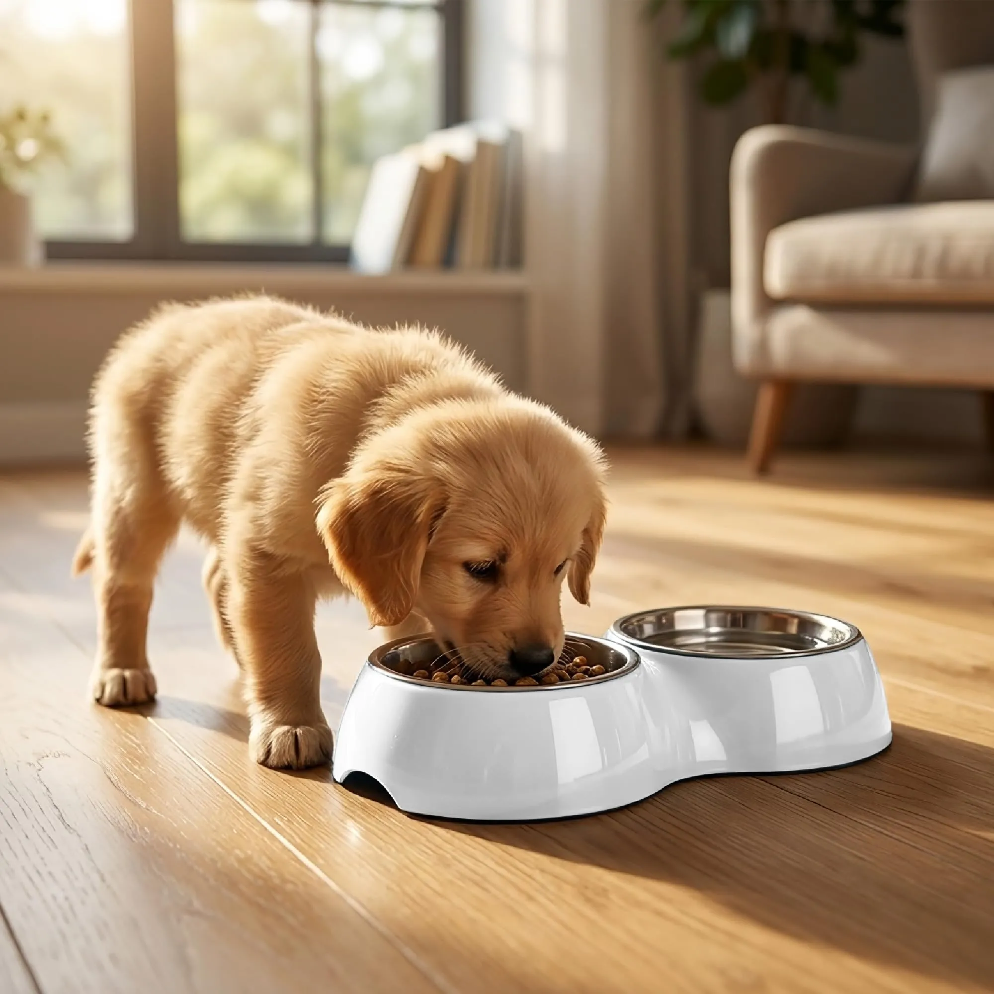 IlGruppone Ciotola Doppia per Cani e Gatti con 2 Vaschette in Acciaio Inox da 0,8 L, Dispenser Acqua e Cibo, Base in Plastica Resistente, 20,5 x 20,5 x 6 cm - Bianco - immagine 2