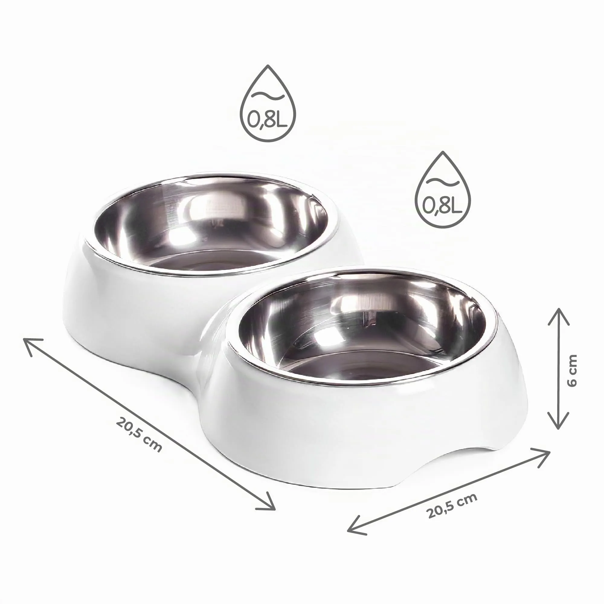 IlGruppone Ciotola Doppia per Cani e Gatti con 2 Vaschette in Acciaio Inox da 0,8 L, Dispenser Acqua e Cibo, Base in Plastica Resistente, 20,5 x 20,5 x 6 cm - Bianco - immagine 4