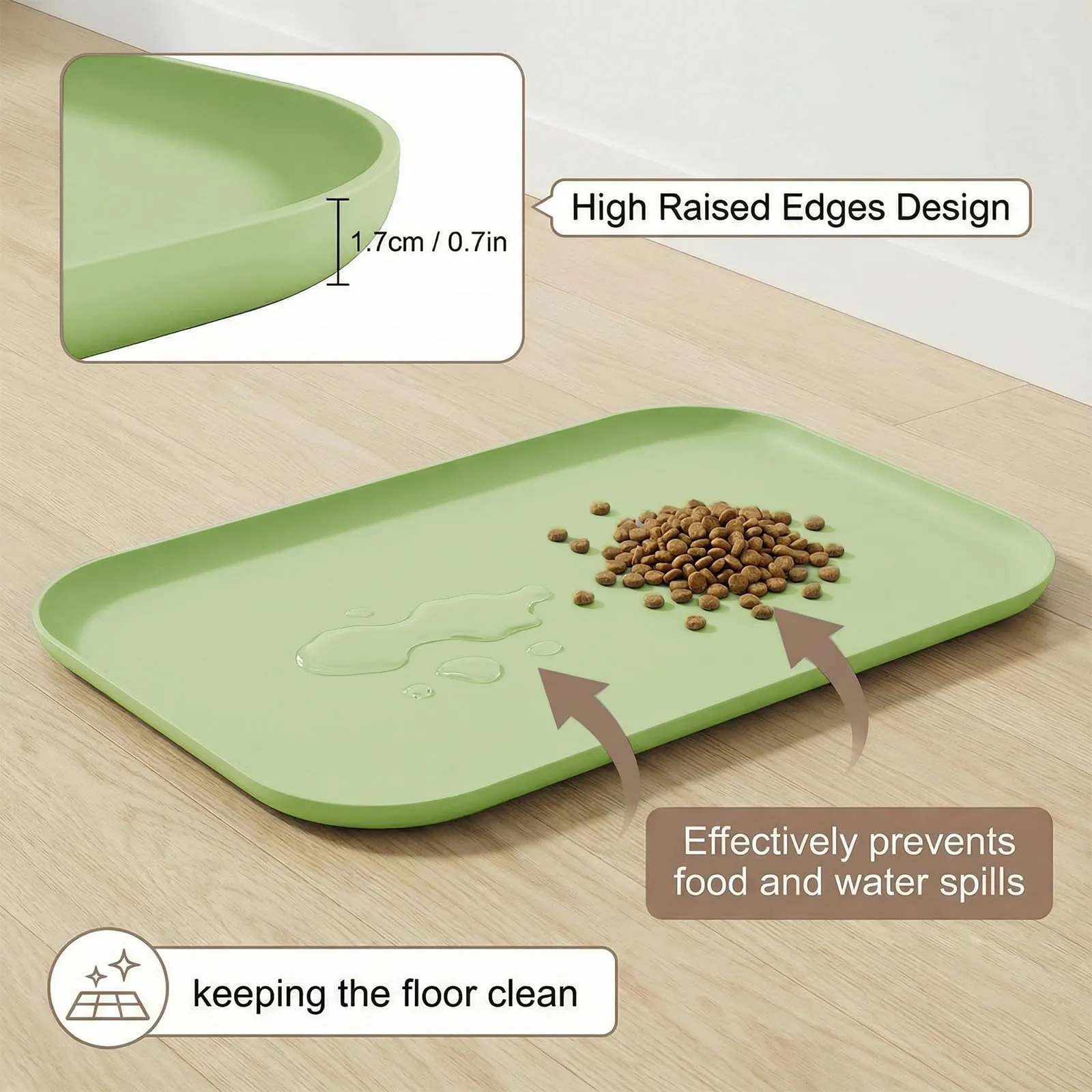 BLESWIN Tappetino antiscivolo in silicone per alimenti per animali domestici/tappetino per alimentazione animali domestici – Tappetino per ciotola gatto con bordi rialzati (Verde chiaro, 45×30 cm) - immagine 3