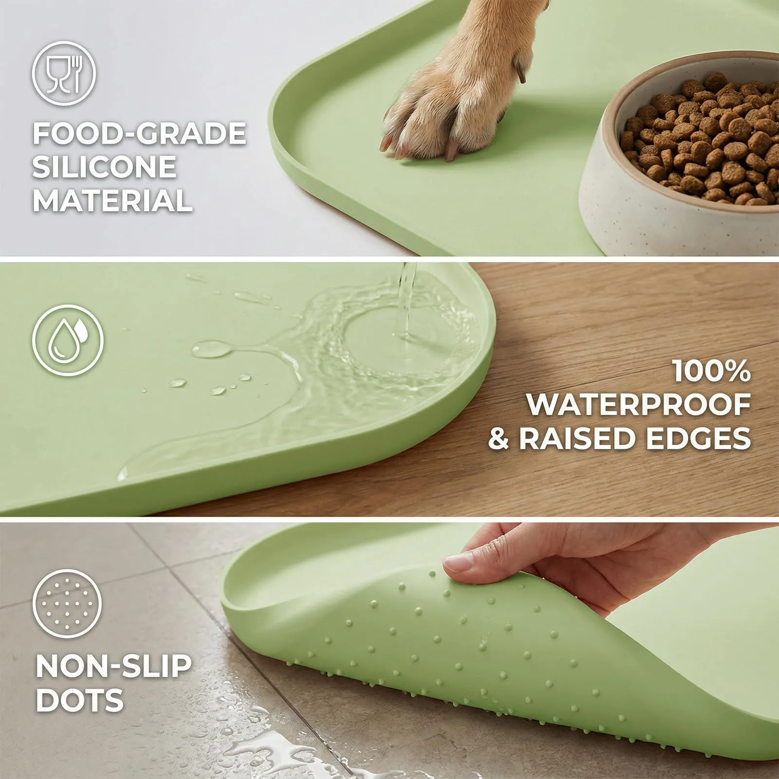 BLESWIN Tappetino antiscivolo in silicone per alimenti per animali domestici/tappetino per alimentazione animali domestici – Tappetino per ciotola gatto con bordi rialzati (Verde chiaro, 45×30 cm) - immagine 4