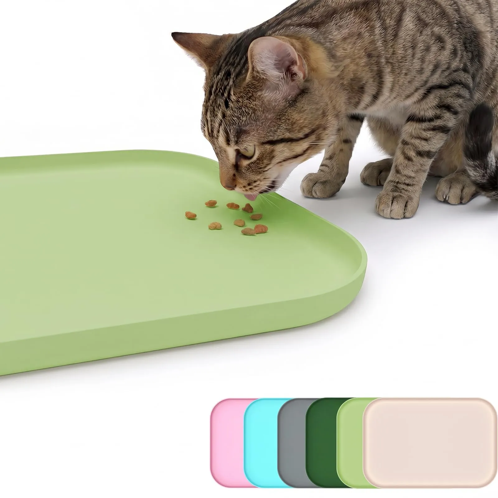 BLESWIN Tappetino antiscivolo in silicone per alimenti per animali domestici/tappetino per alimentazione animali domestici – Tappetino per ciotola gatto con bordi rialzati (Verde chiaro, 45×30 cm) - immagine 8