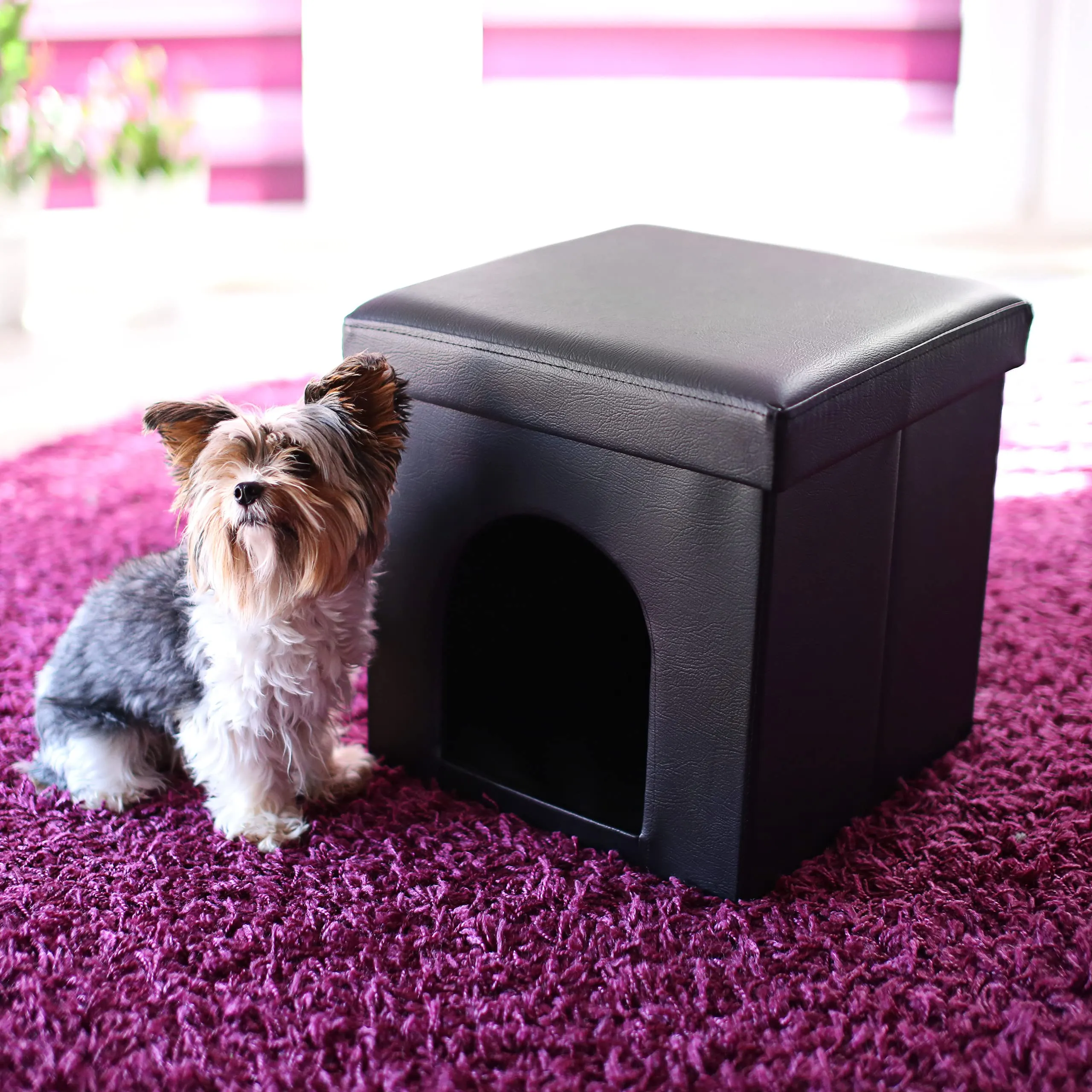Relaxdays Cuccia Puff Pieghevole per Cane/Gatto, Finta Pelle, 38 X 38 X 38 cm, Nero - immagine 2