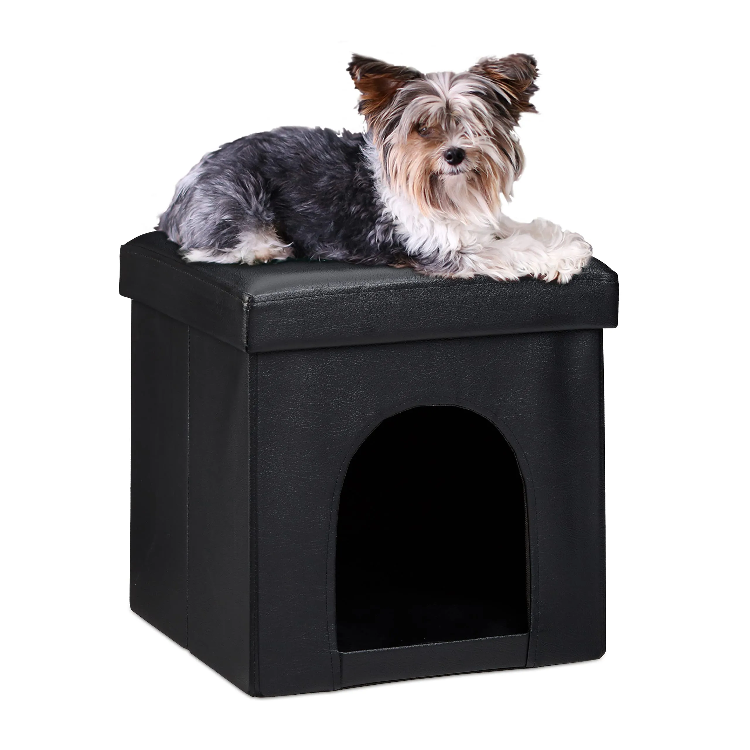 Relaxdays Cuccia Puff Pieghevole per Cane/Gatto, Finta Pelle, 38 X 38 X 38 cm, Nero - immagine 3