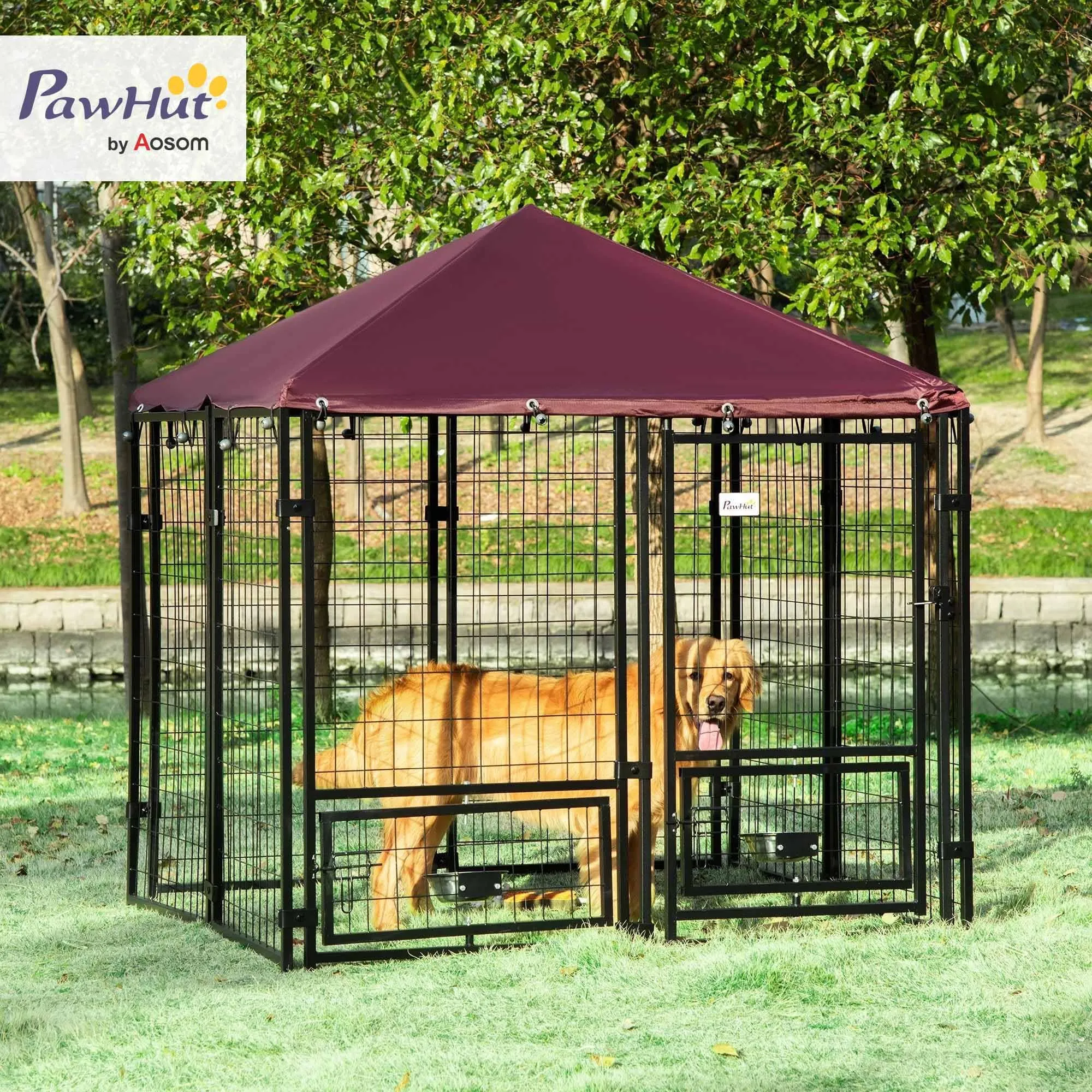 PawHut Recinto per Cani da Esterno con Serratura Kennel Nero e Rosso - immagine 2