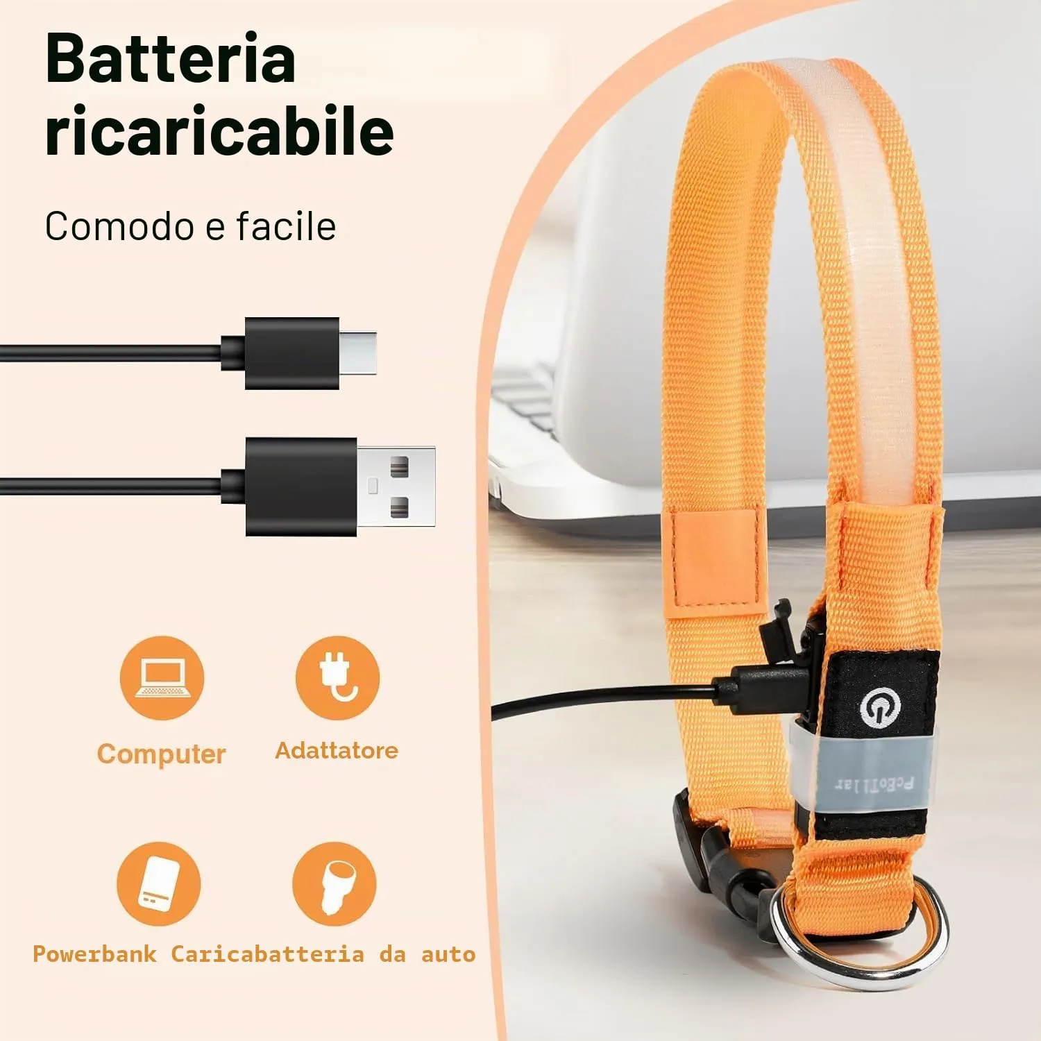 PcEoTllar Collare Luminoso per Cani, Impermeabile, Arancione-M - immagine 3