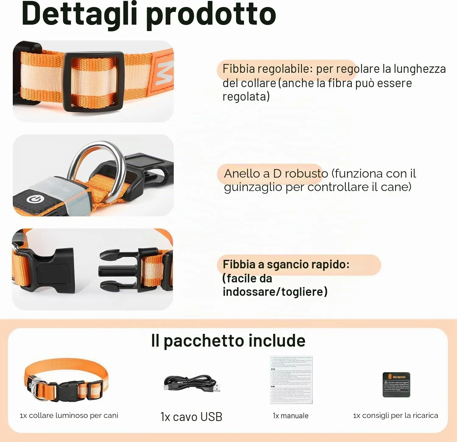PcEoTllar Collare Luminoso per Cani, Impermeabile, Arancione-M - immagine 4