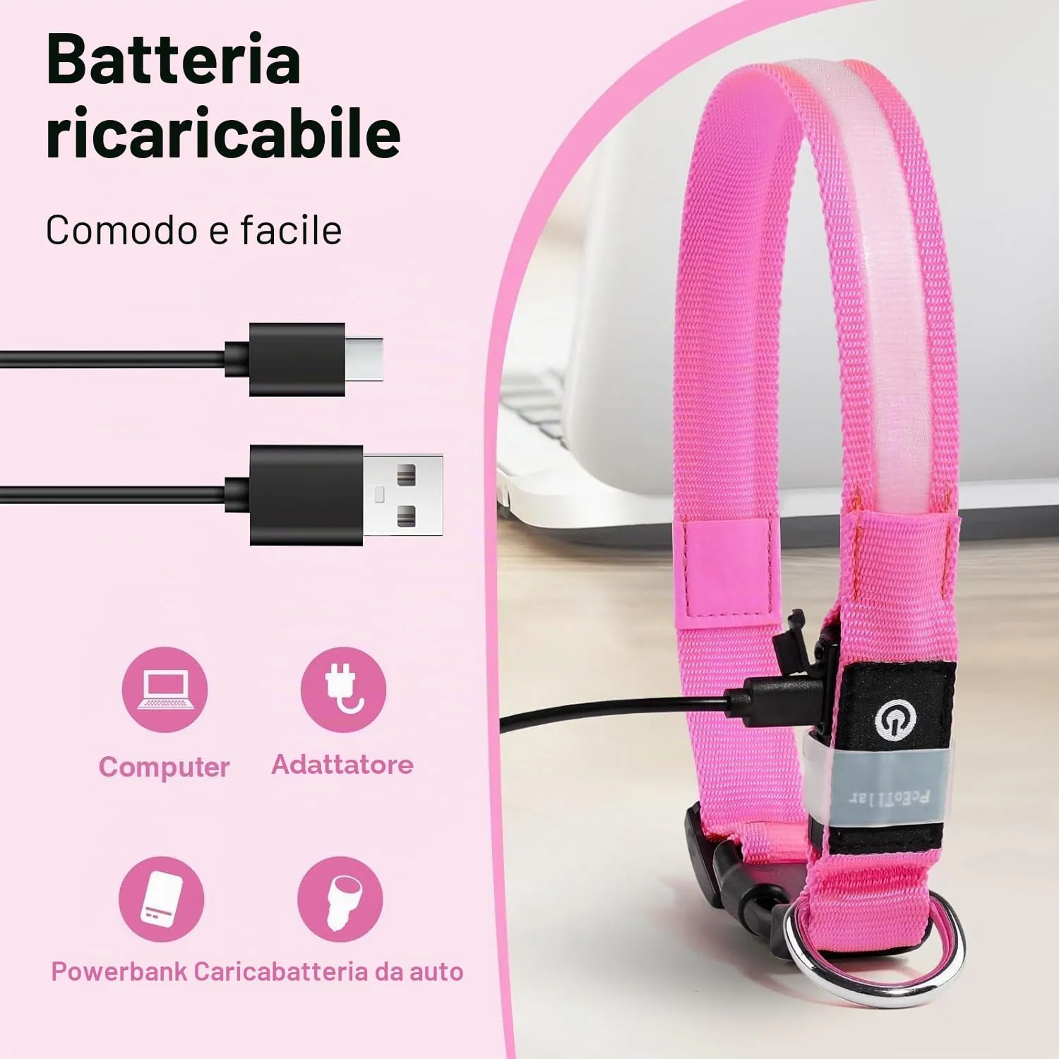 PcEoTllar Collare Luminoso per Cani, Impermeabile, Rosa-M - immagine 3