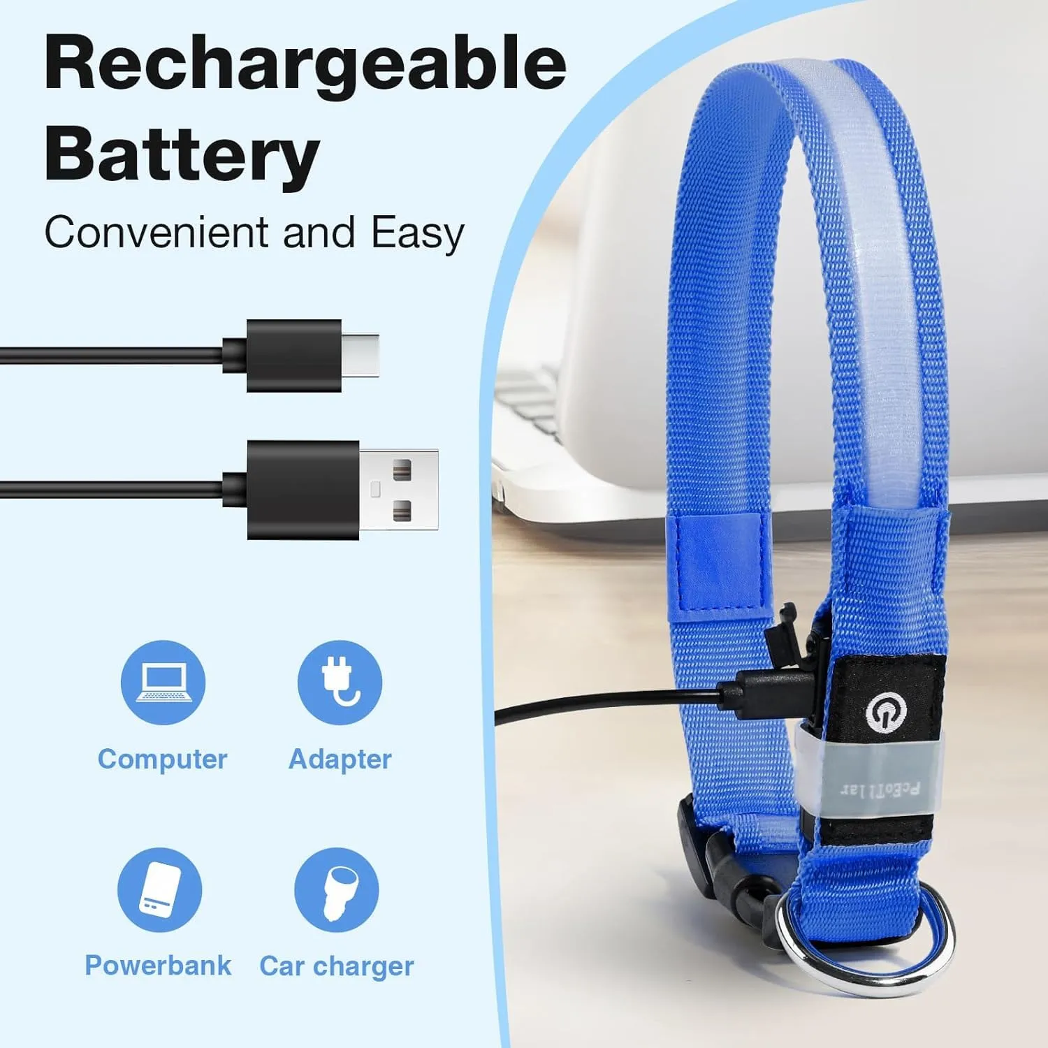 PcEoTllar Collare Luminoso per Cani, Impermeabile, Blu-M - immagine 3