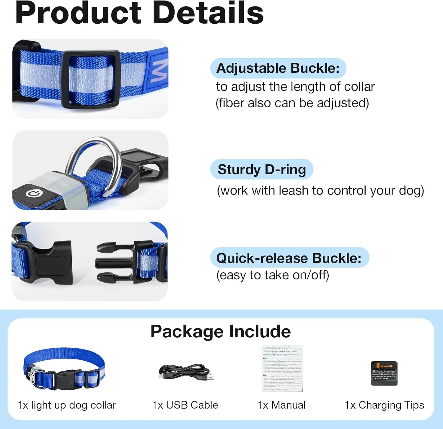 PcEoTllar Collare Luminoso per Cani, Impermeabile, Blu-M - immagine 4