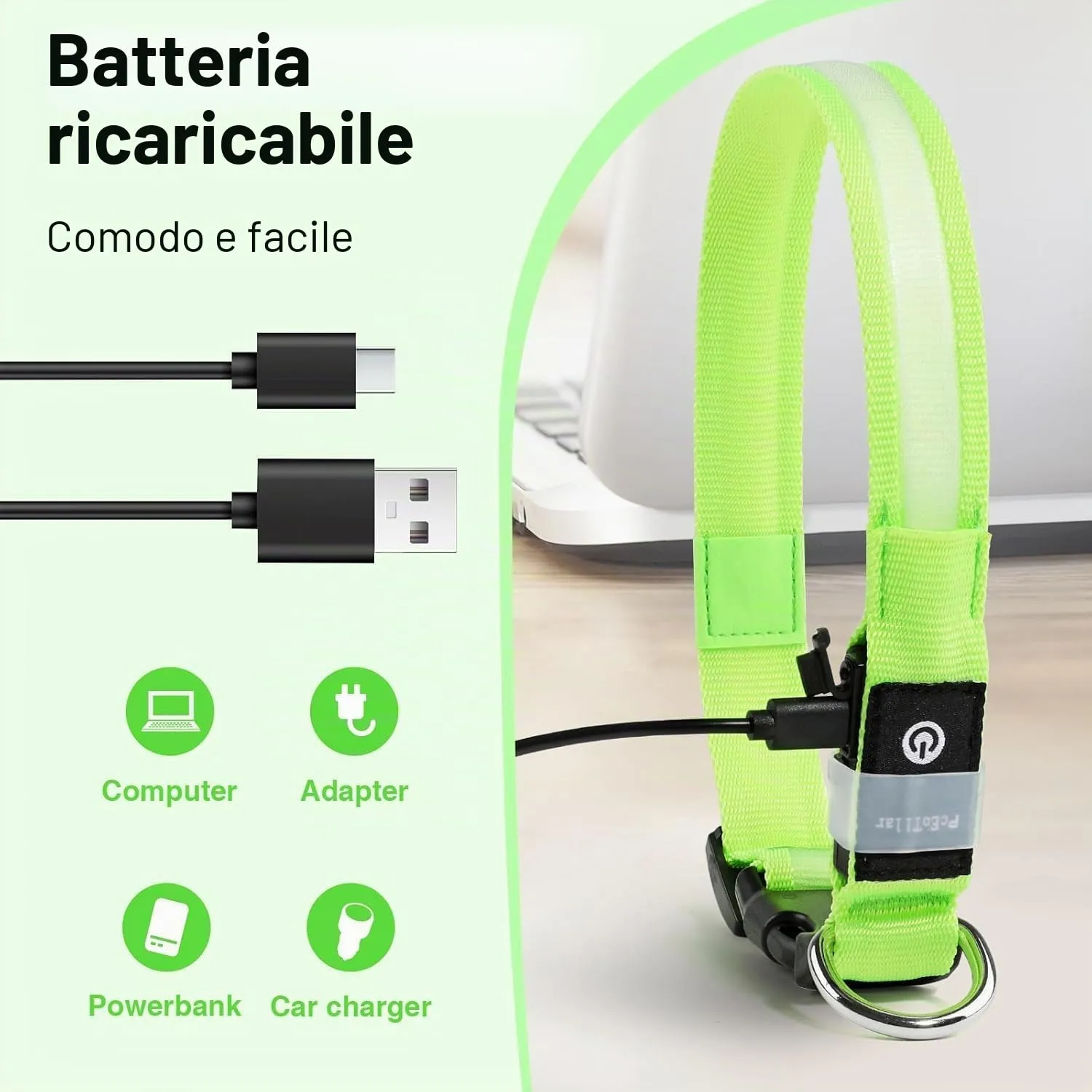 PcEoTllar Collare Luminoso per Cani, Impermeabile, Verde-S - immagine 3