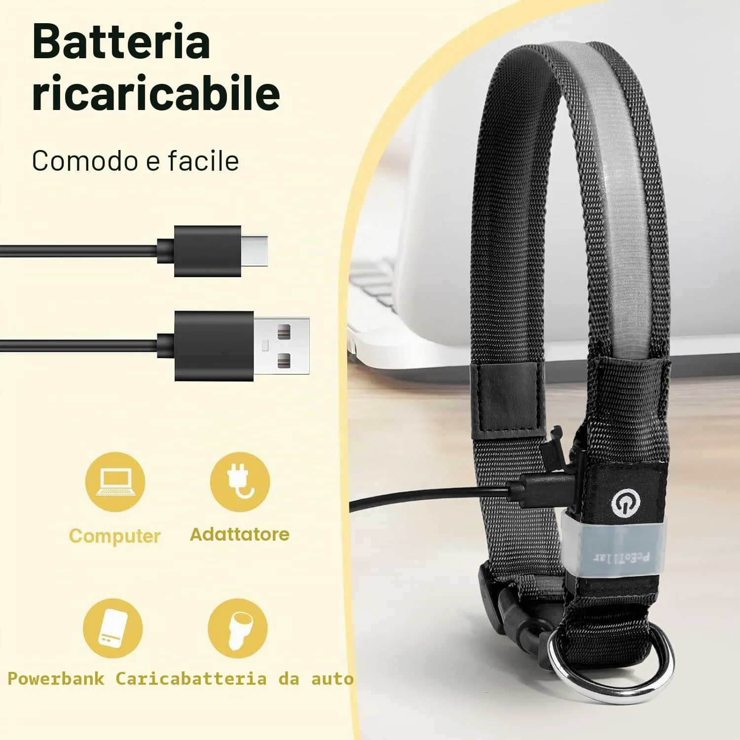 PcEoTllar Collare Luminoso per Cani, Impermeabile, Nero-M - immagine 3