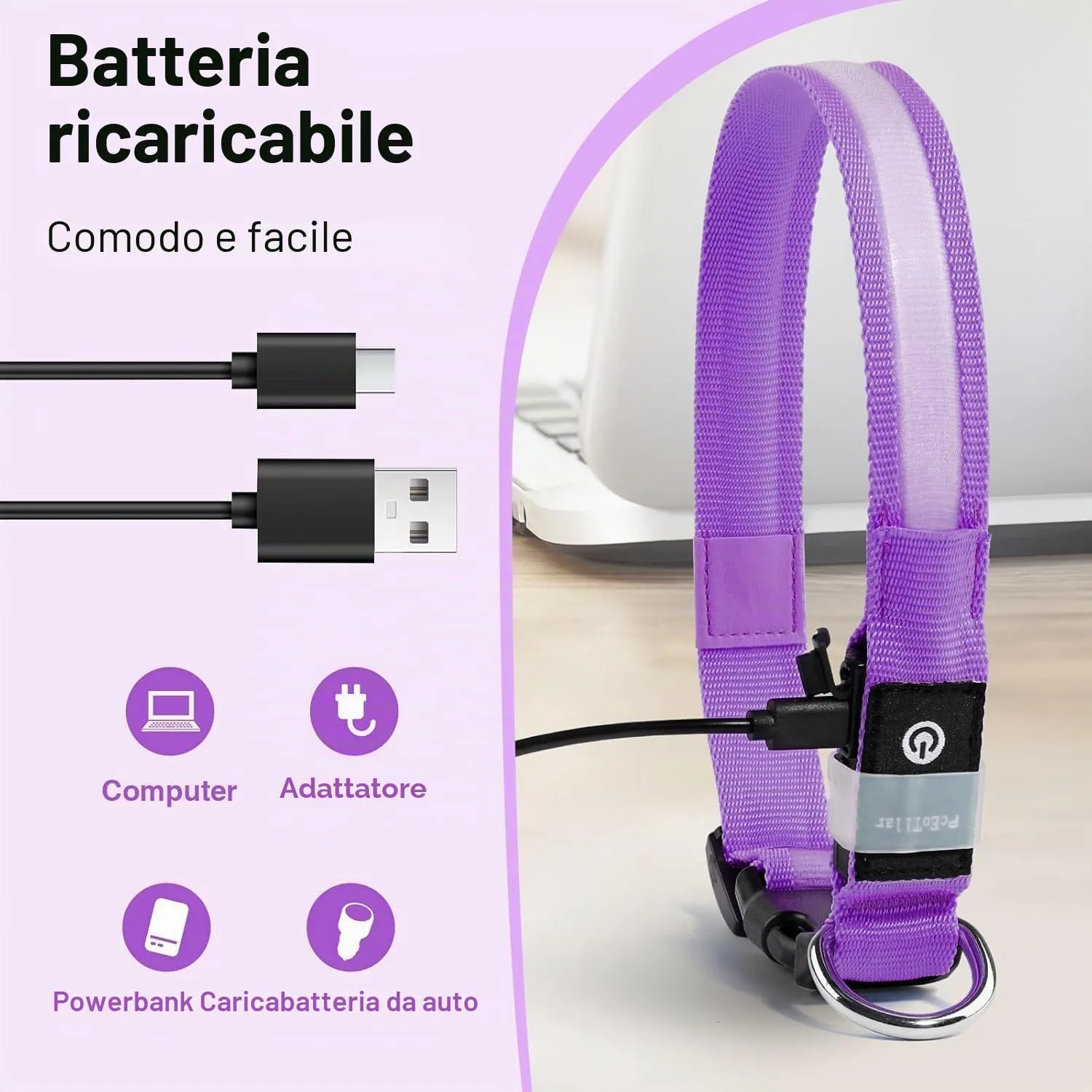 PcEoTllar Collare Luminoso per Cani, Impermeabile, Viola-M - immagine 3