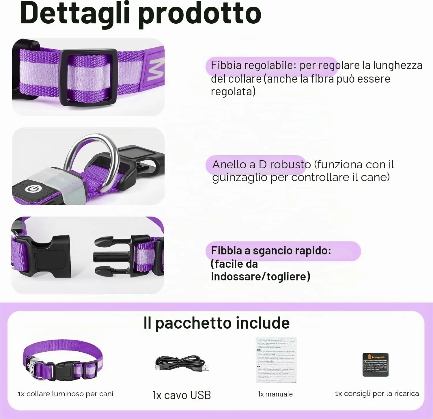 PcEoTllar Collare Luminoso per Cani, Impermeabile, Viola-M - immagine 4