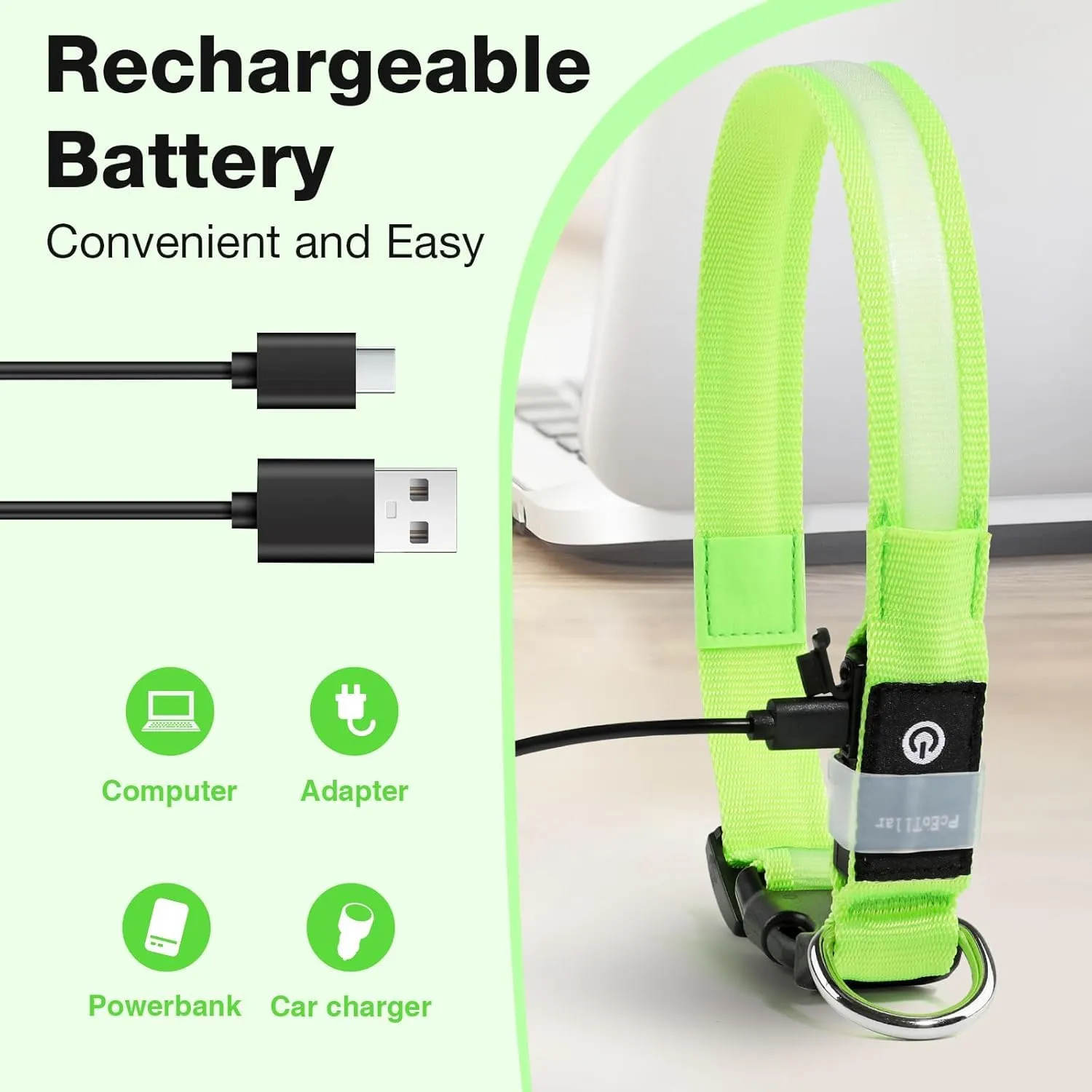 PcEoTllar Collare Luminoso per Cani, Impermeabile, Verde-L - immagine 3