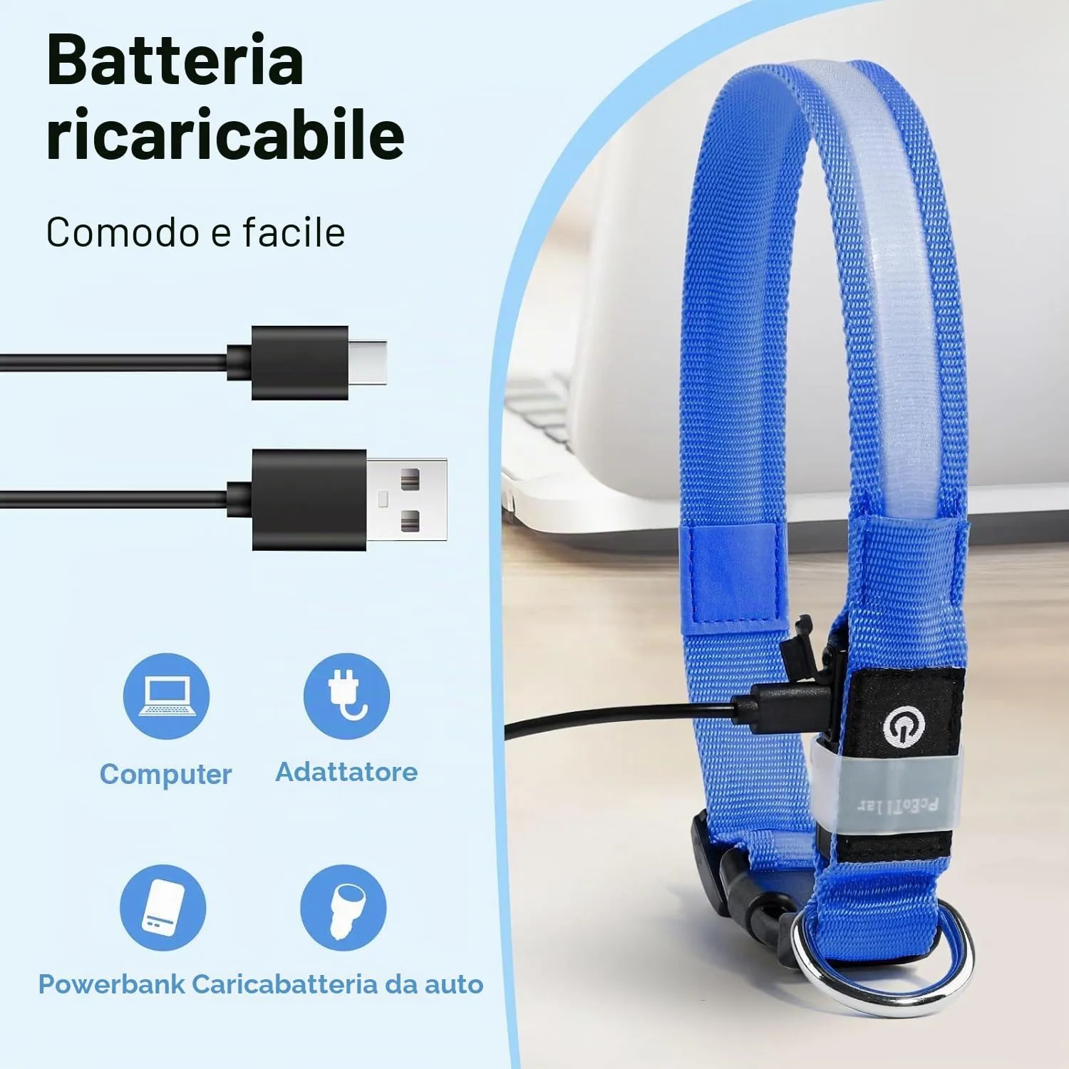 PcEoTllar Collare Luminoso per Cani, Impermeabile, Blu-L - immagine 3