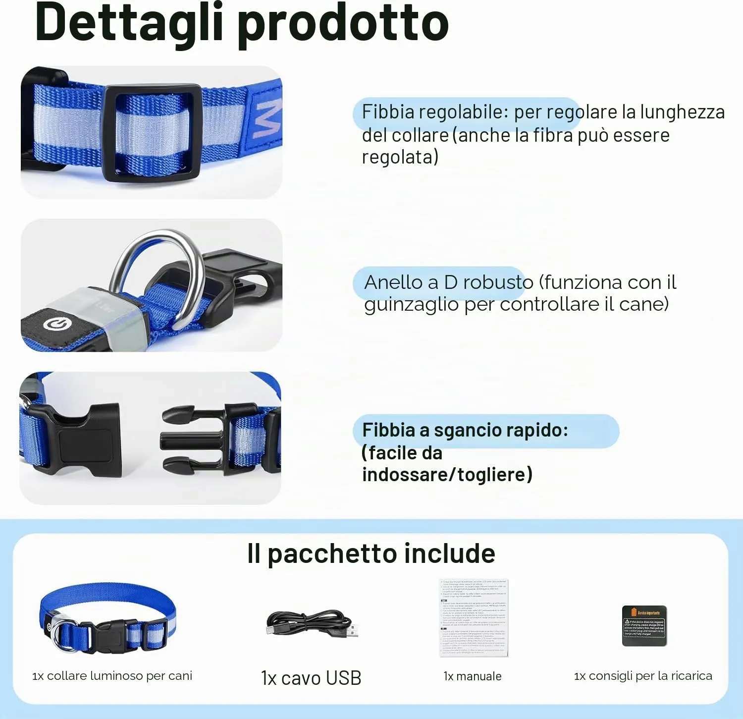 PcEoTllar Collare Luminoso per Cani, Impermeabile, Blu-L - immagine 4