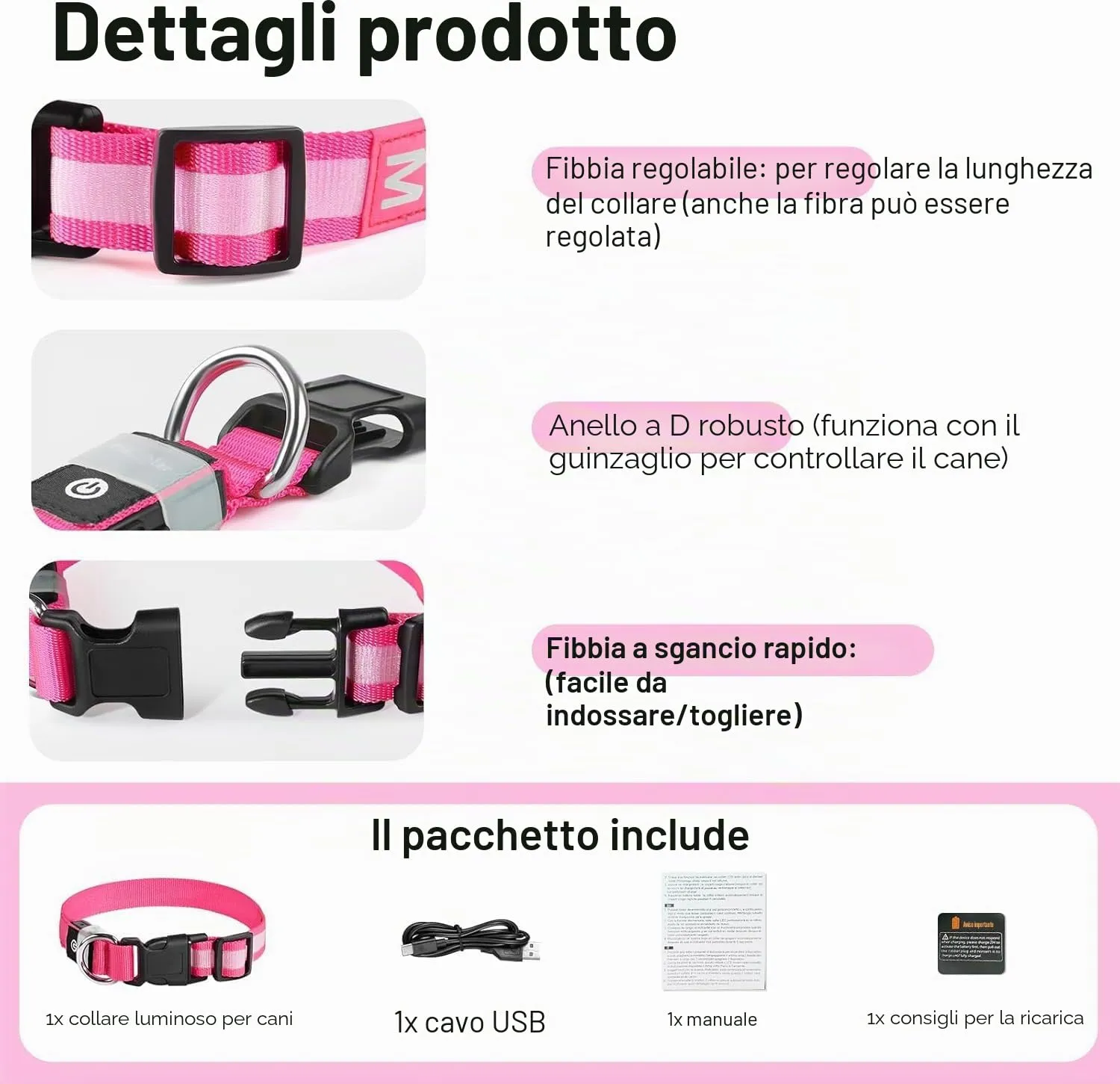 PcEoTllar Collare Luminoso per Cani, Impermeabile, Rosa-L - immagine 4