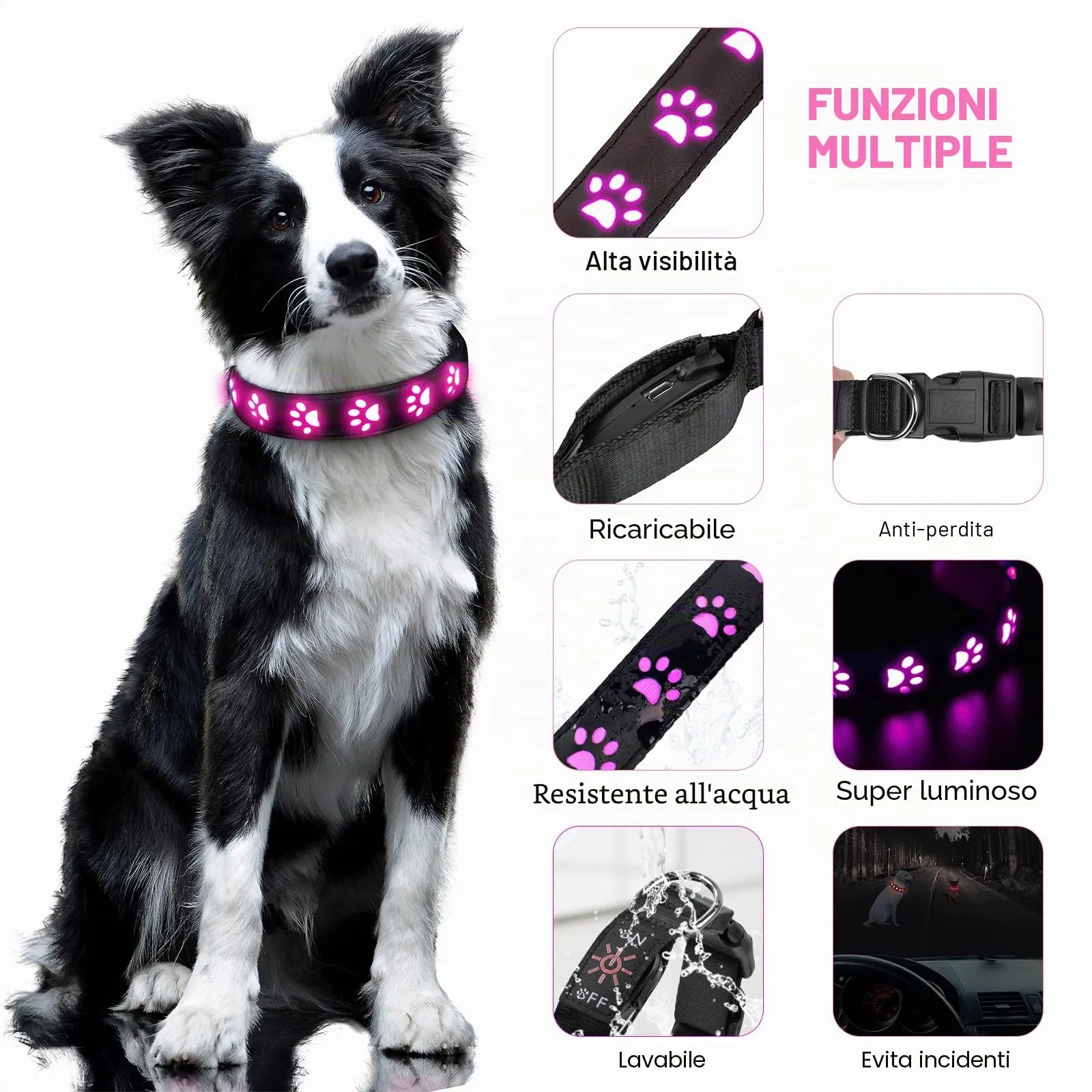 AUAUY Collare Luminoso per Cani, LED Ricaricabile e Impermeabile, Rosa-S - immagine 3