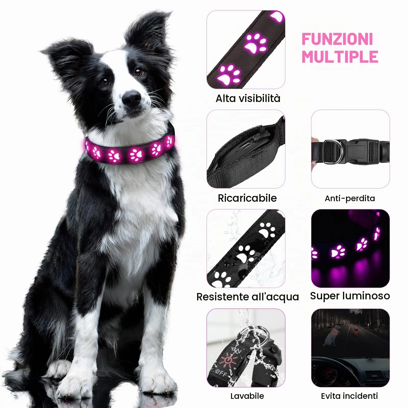 AUAUY Collare Luminoso per Cani, LED Ricaricabile e Impermeabile, Colore-S - immagine 3
