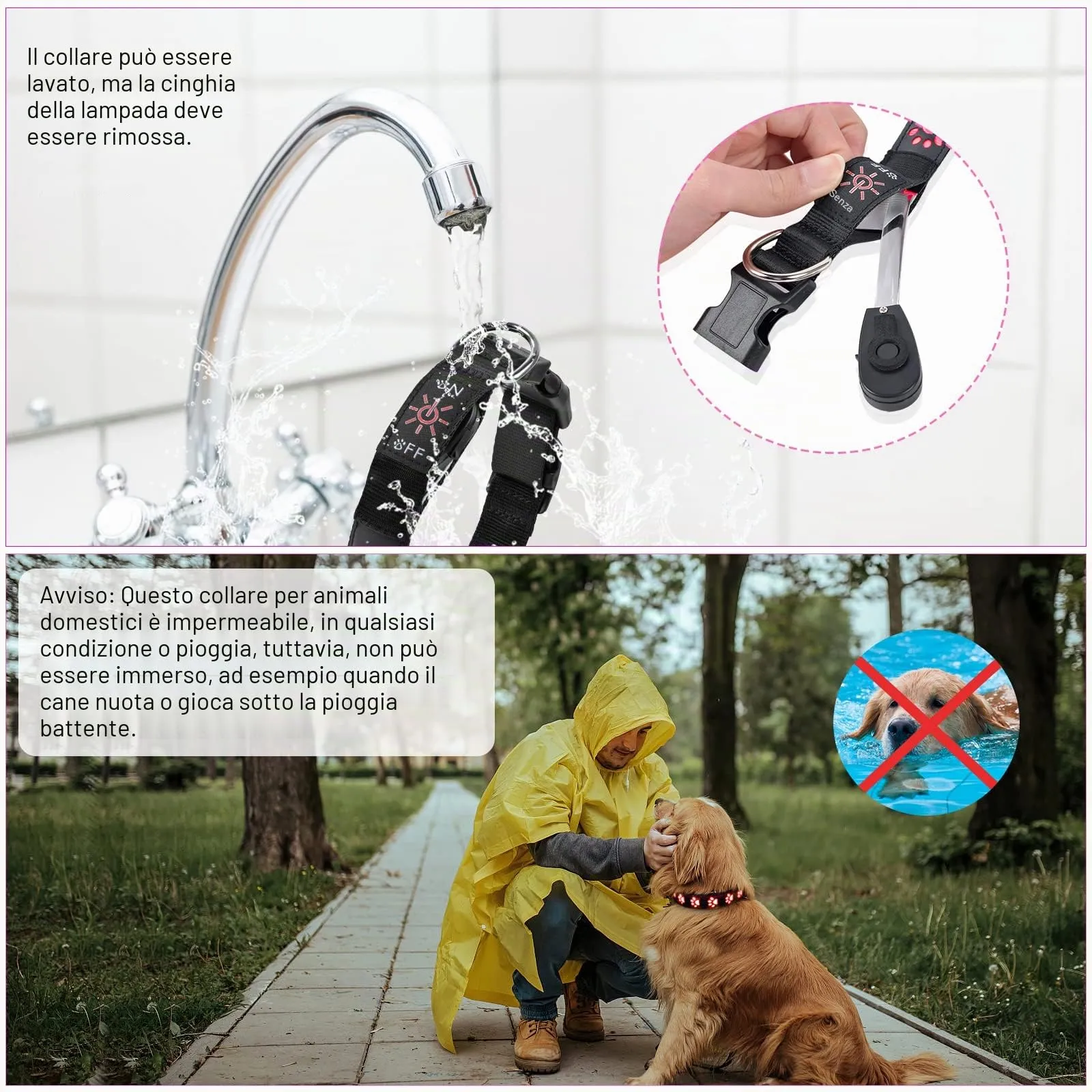 AUAUY Collare Luminoso per Cani, LED Ricaricabile e Impermeabile, Rosa-L - immagine 6