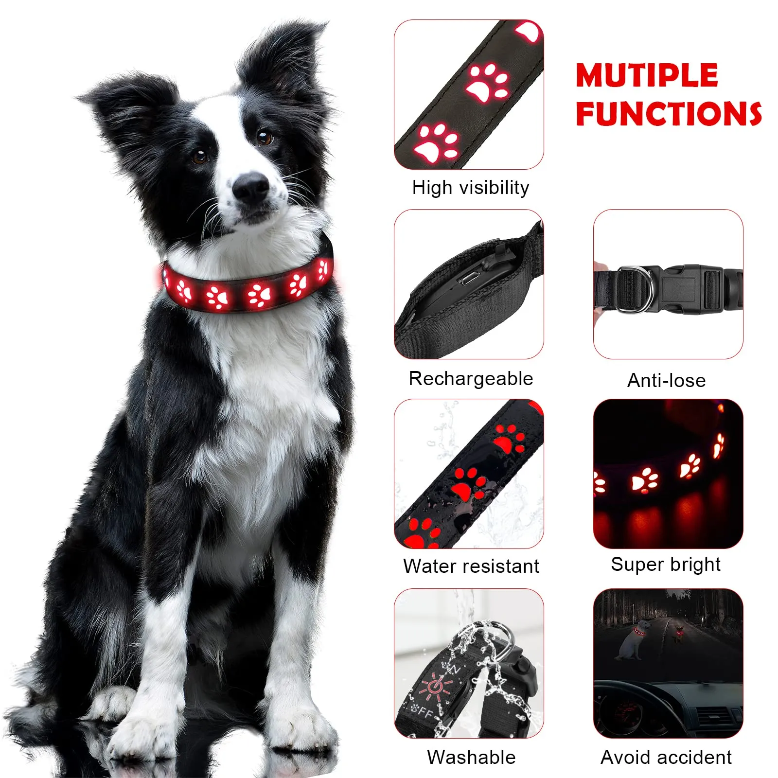 AUAUY Collare Luminoso per Cani, LED Ricaricabile e Impermeabile, Rosso-L - immagine 3