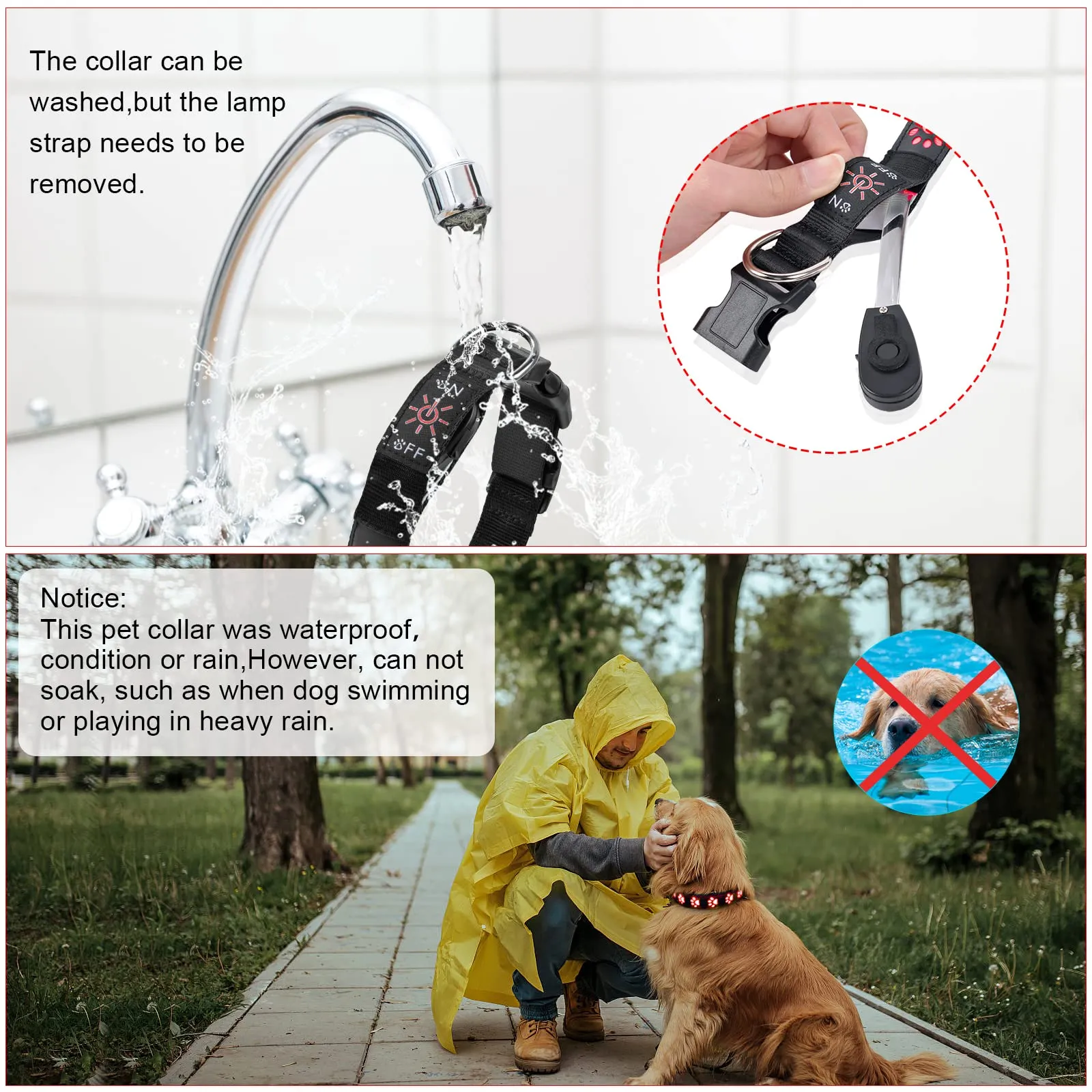 AUAUY Collare Luminoso per Cani, LED Ricaricabile e Impermeabile, Rosso-L - immagine 5