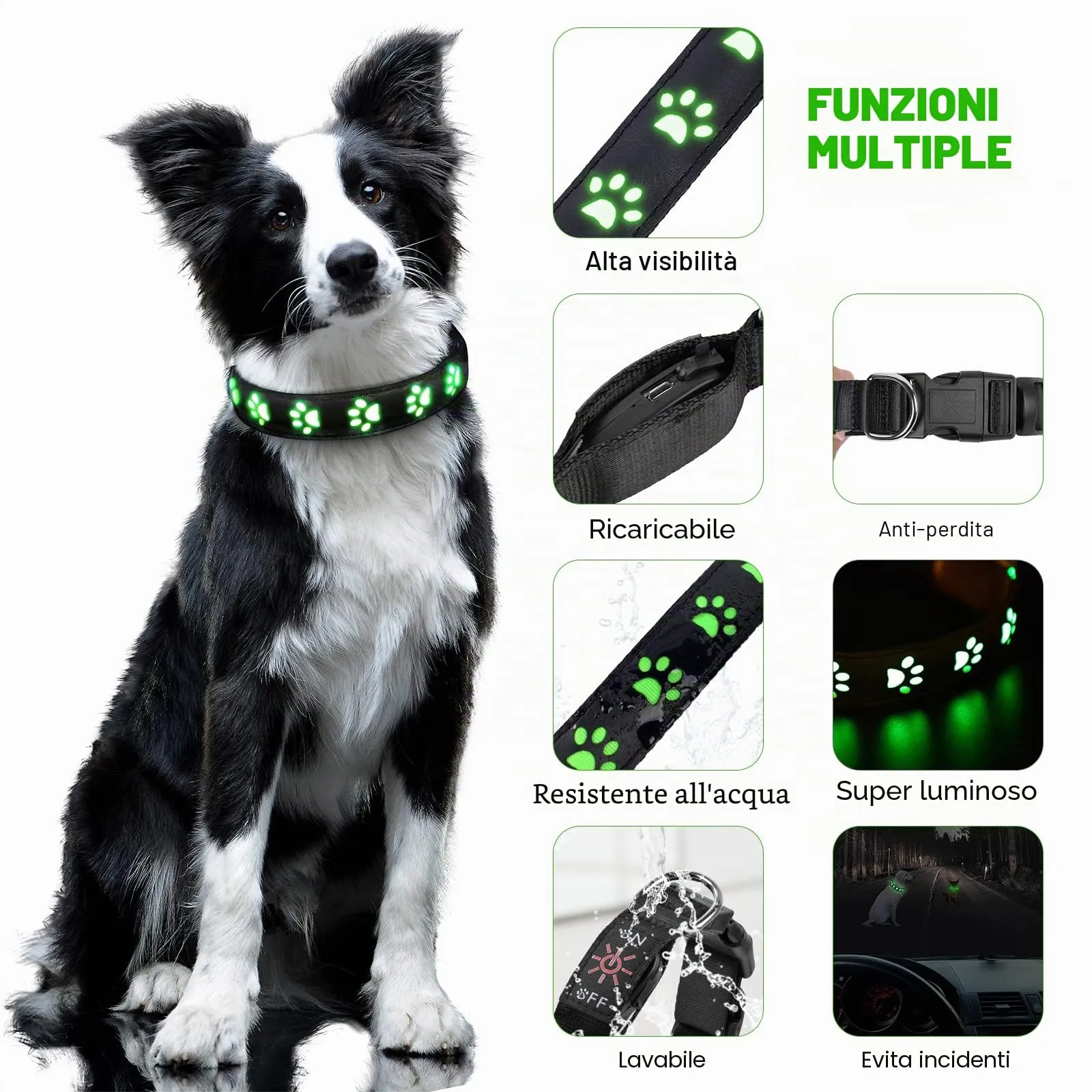 AUAUY Collare Luminoso per Cani, LED Ricaricabile e Impermeabile, Verde-L - immagine 4