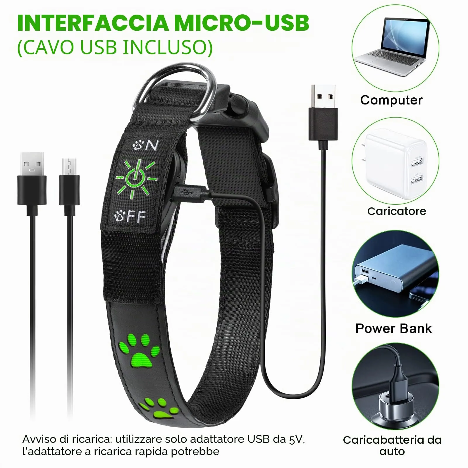 AUAUY Collare Luminoso per Cani, LED Ricaricabile e Impermeabile, Verde-L - immagine 7
