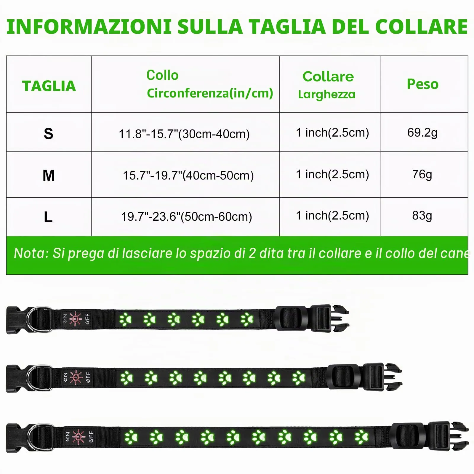 AUAUY Collare Luminoso per Cani, LED Ricaricabile e Impermeabile, Verde-S - immagine 2