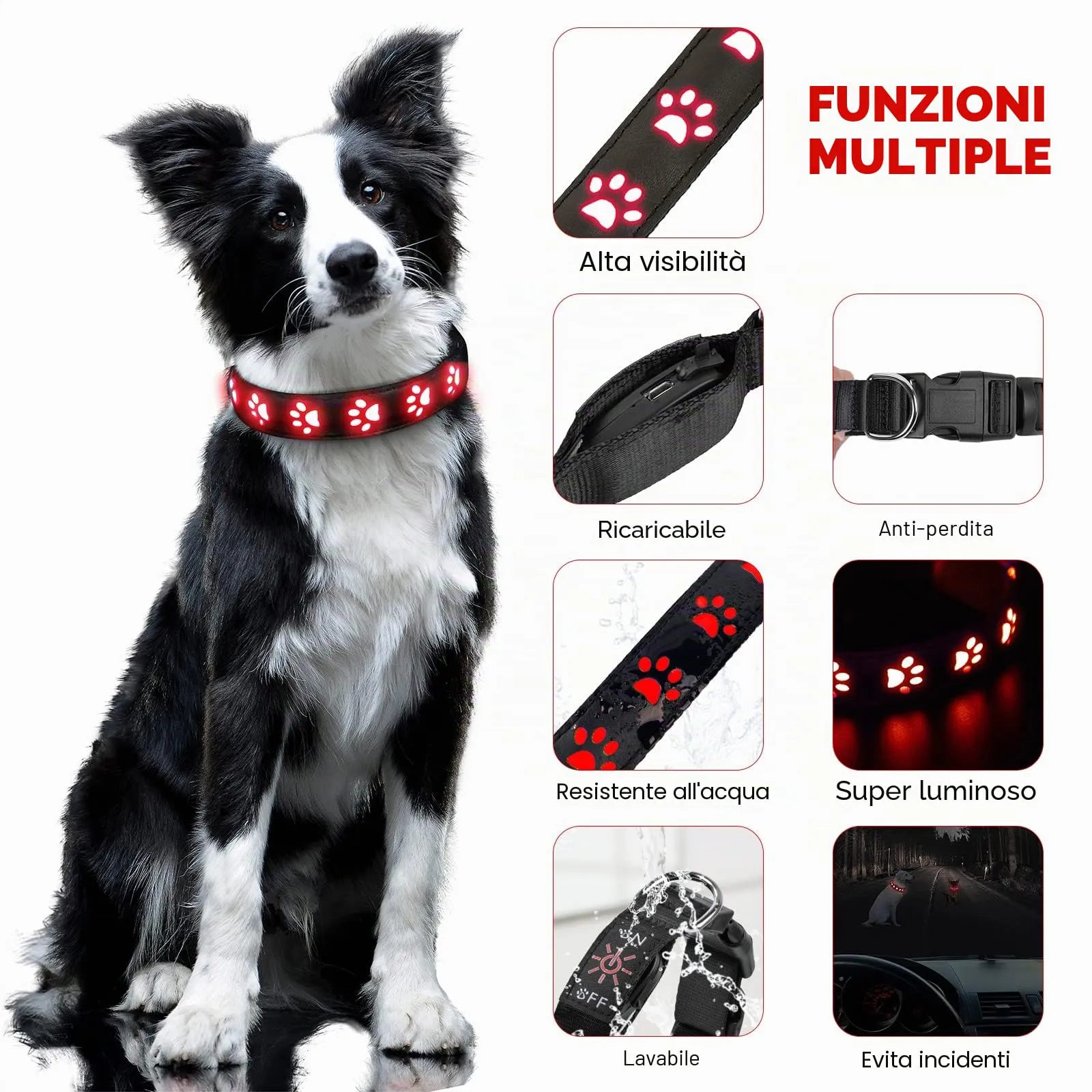 AUAUY Collare Luminoso per Cani, LED Ricaricabile e Impermeabile, Rosso-M - immagine 2