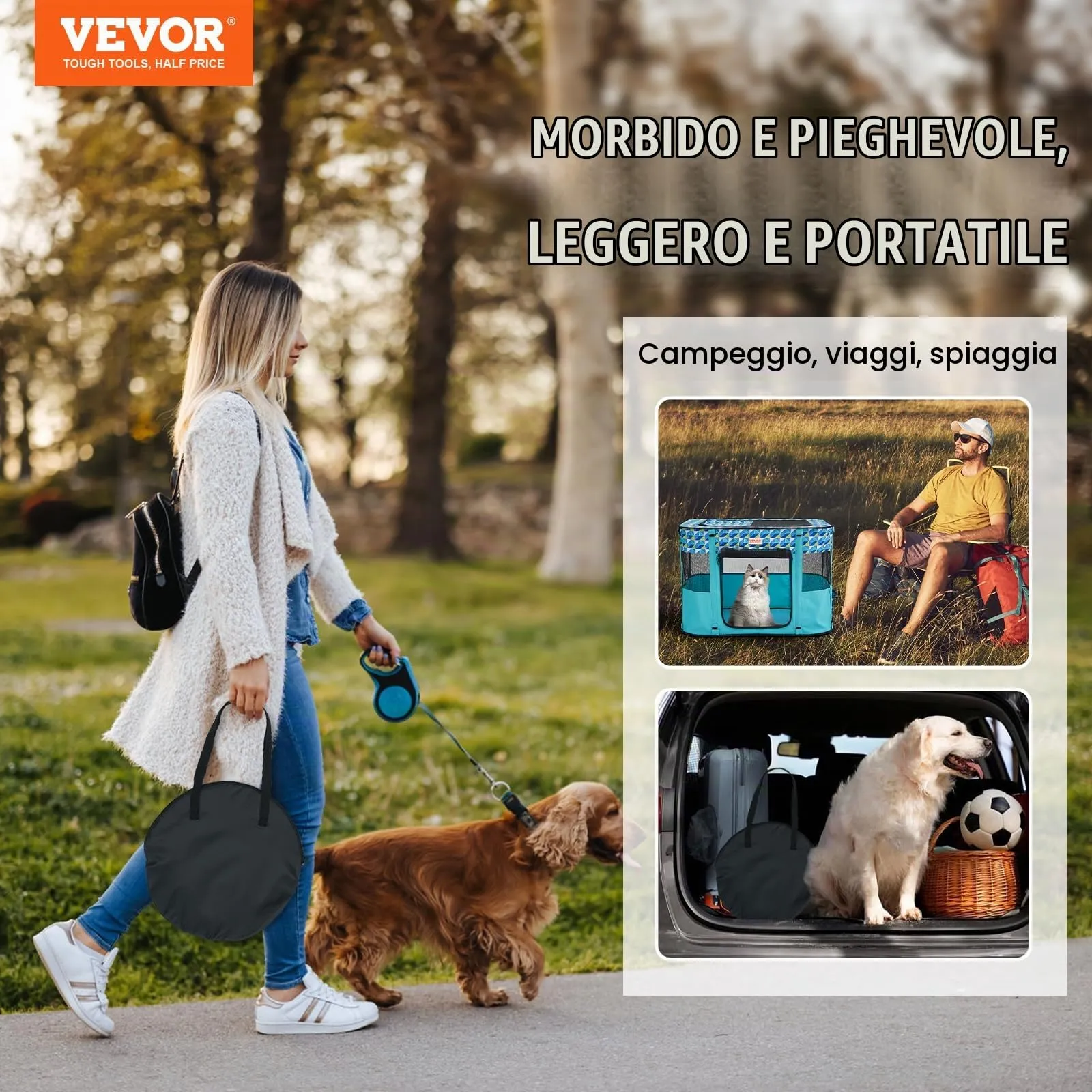 VEVOR Box per Cani Portatile Rettangolare 812x609 mm Box per Cuccioli Gatto Coniglio Pieghevole in Tessuto Oxford 600D, Cerniera Impermeabile Esterno Interno da Campeggio Viaggio Attività all'Aperto - immagine 2