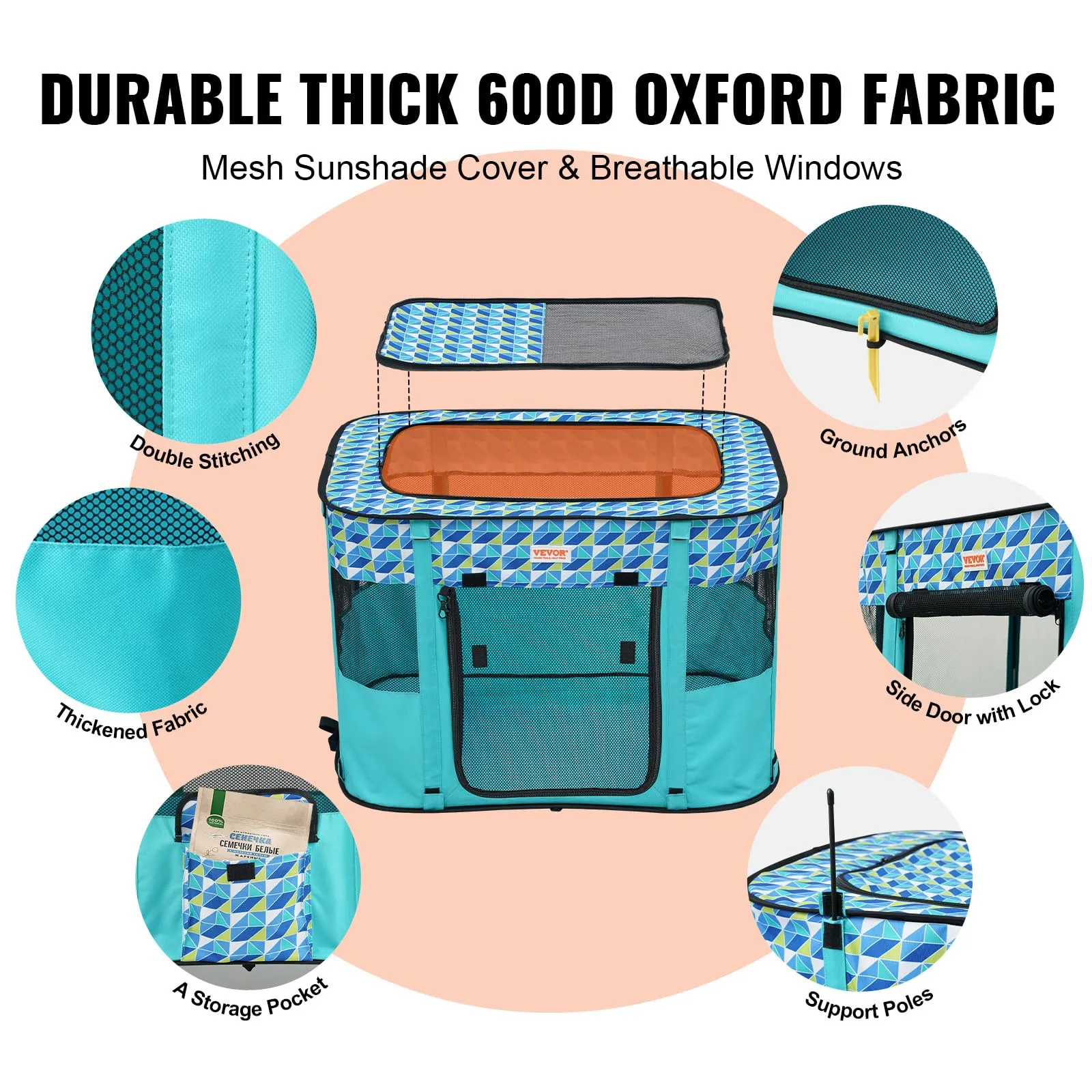 VEVOR Box per Cani Portatile Rettangolare 812x609 mm Box per Cuccioli Gatto Coniglio Pieghevole in Tessuto Oxford 600D, Cerniera Impermeabile Esterno Interno da Campeggio Viaggio Attività all'Aperto - immagine 3