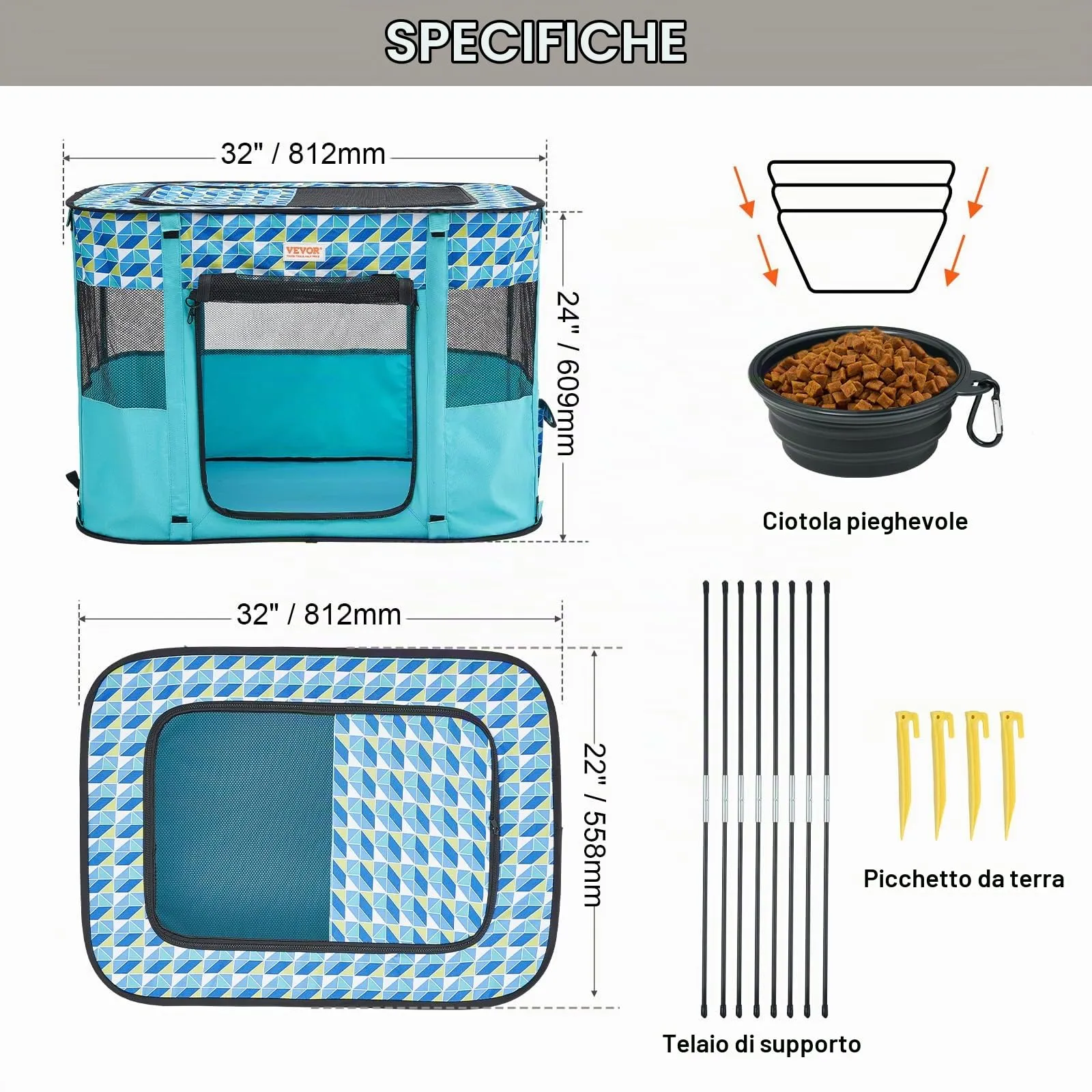 VEVOR Box per Cani Portatile Rettangolare 812x609 mm Box per Cuccioli Gatto Coniglio Pieghevole in Tessuto Oxford 600D, Cerniera Impermeabile Esterno Interno da Campeggio Viaggio Attività all'Aperto - immagine 7
