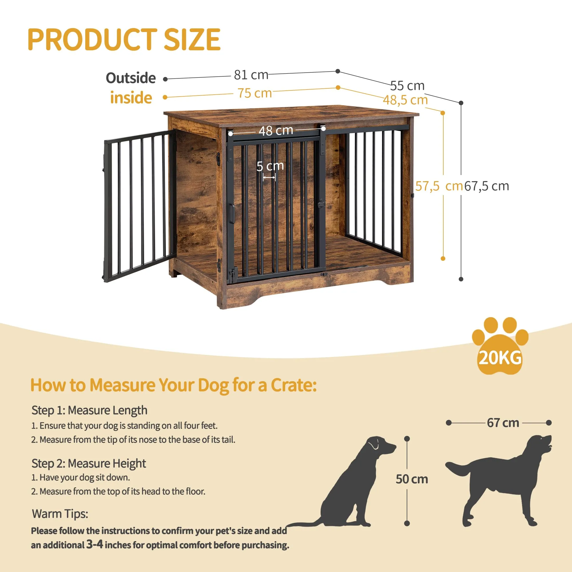 Hzuaneri 81cm Gabbia per Cani, Tavolo Supplemento, Nicchia Moderna per Cani, Gabbia per Cuccioli, Casetta per Animali, 2 porte, 55 x 81 x 67,5 cm, Marrone Rustico DFC83601B - immagine 2