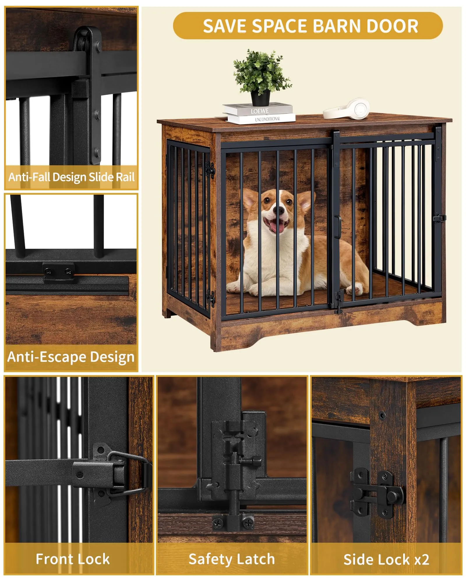 Hzuaneri 81cm Gabbia per Cani, Tavolo Supplemento, Nicchia Moderna per Cani, Gabbia per Cuccioli, Casetta per Animali, 2 porte, 55 x 81 x 67,5 cm, Marrone Rustico DFC83601B - immagine 7