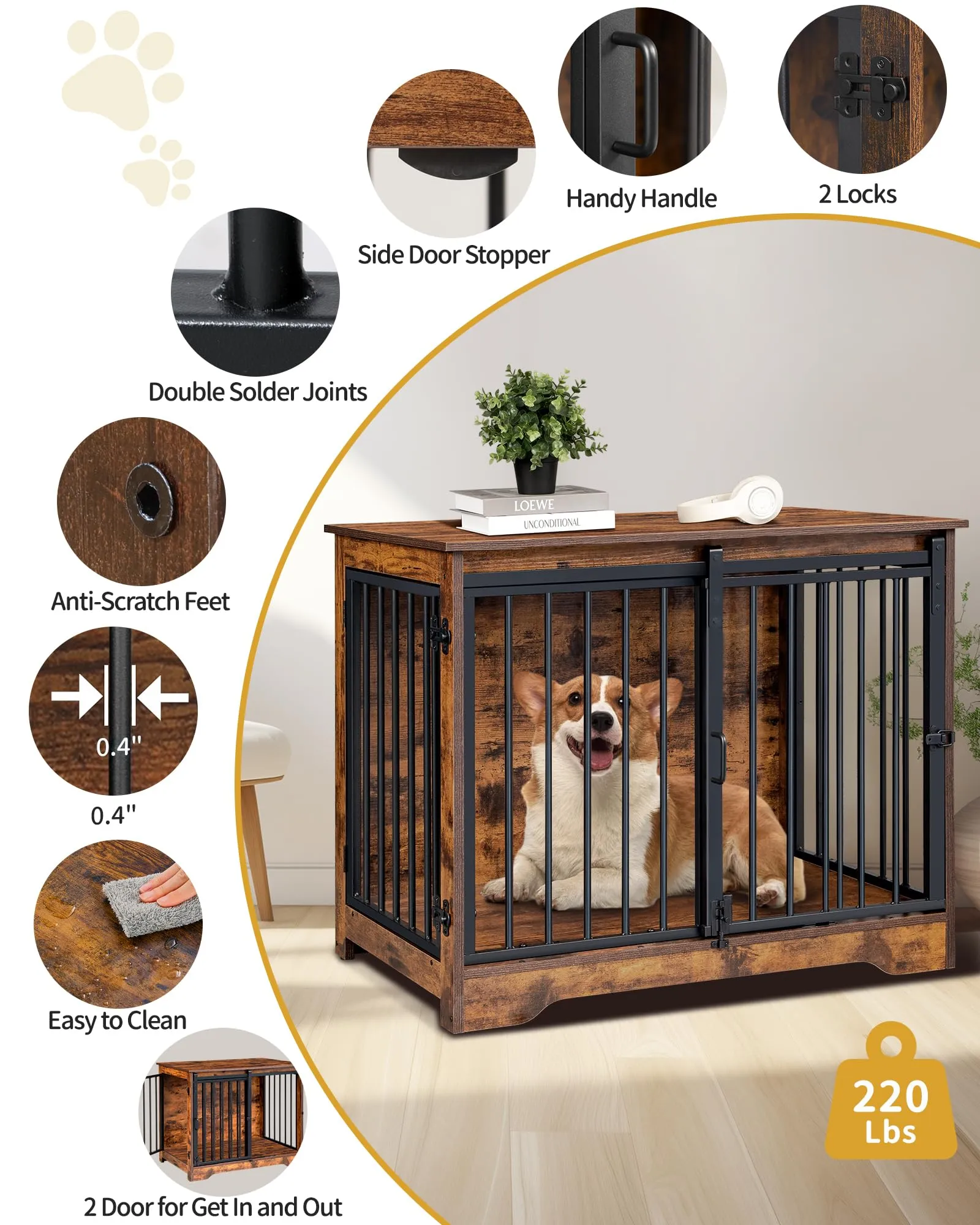 Hzuaneri 81cm Gabbia per Cani, Tavolo Supplemento, Nicchia Moderna per Cani, Gabbia per Cuccioli, Casetta per Animali, 2 porte, 55 x 81 x 67,5 cm, Marrone Rustico DFC83601B - immagine 8